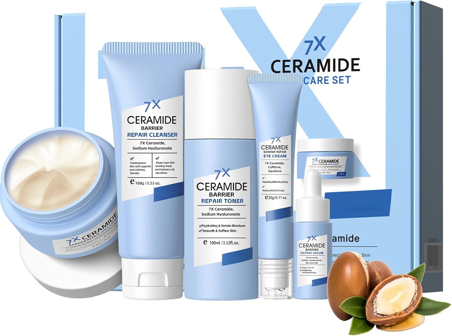 7X Ceramide Skin Care Set, Women’s Face Care Set, Korean Skincare Set with Ceramide Serum, Ceramide Cream, Eye Cream, Toner, Cleansing Gel, Improve Elasticity and Skin Texture, Pack of 5