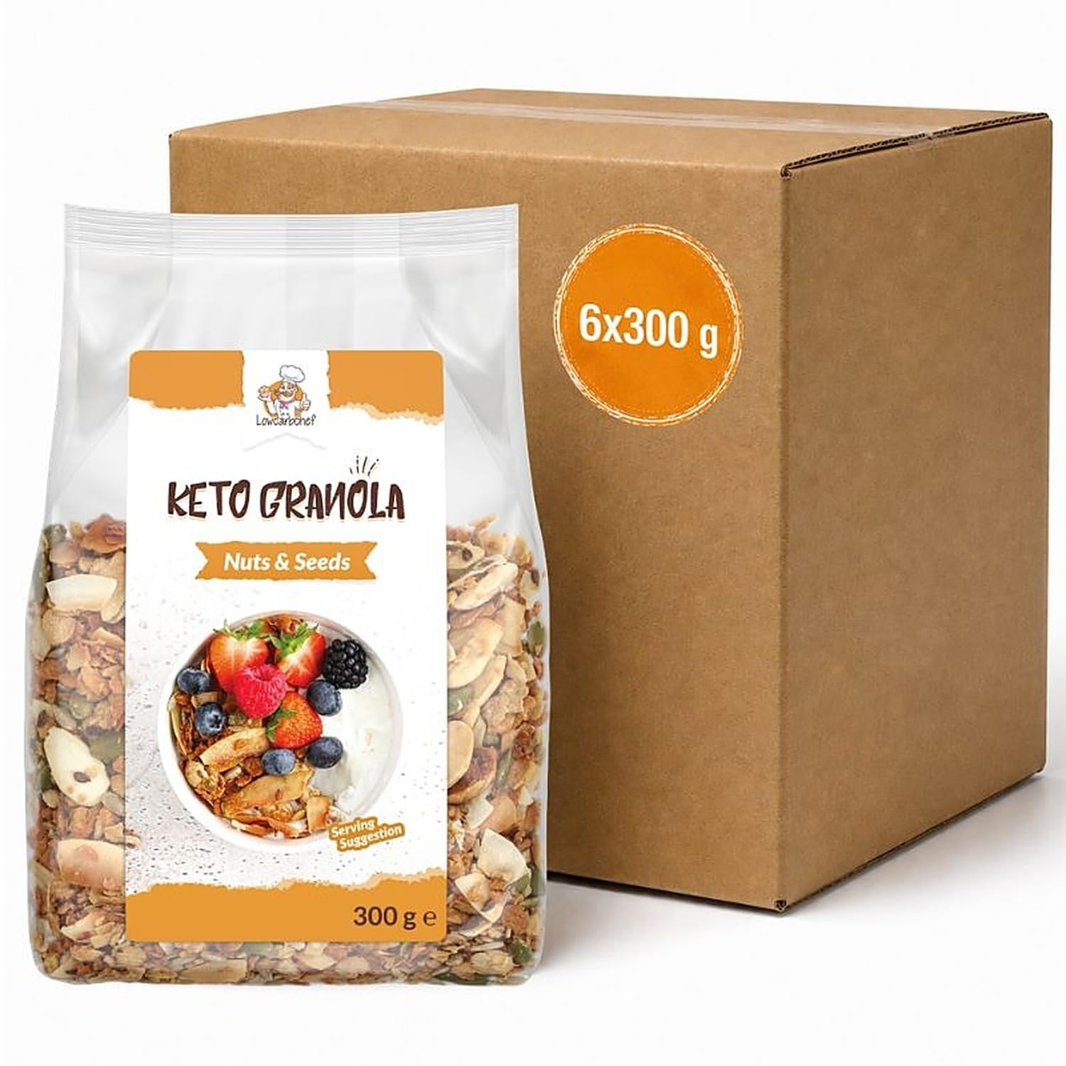 Lowcarbchef Keto Granola Nüsse & Saaten 6 x 300 g (1,8 kg) – Low Carb Müsli mit Pekannüssen, Mandeln, Kokos & Kürbiskernen – Knuspermüsli ohne Süßstoffe, ballaststoffreich, vegan