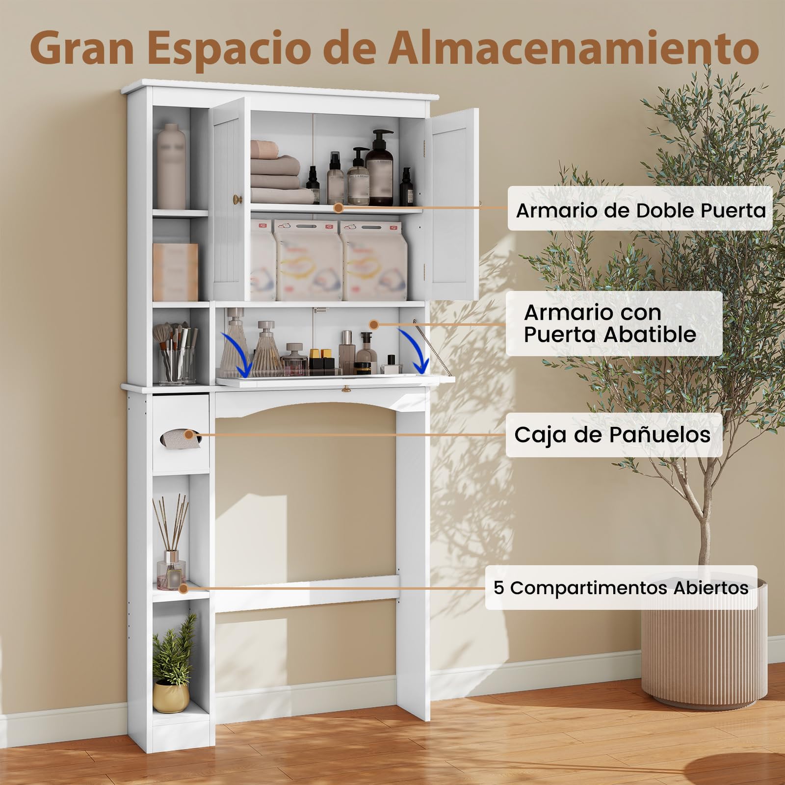 COSTWAY Armario de Almacenamiento sobre el Inodoro, Estantería con 3 Puertas y 6 Compartimentos, Estante Ajustable, Soporte para Papel Higiénico, Organizador Que Ahorra Espacio para Baño, Blanco