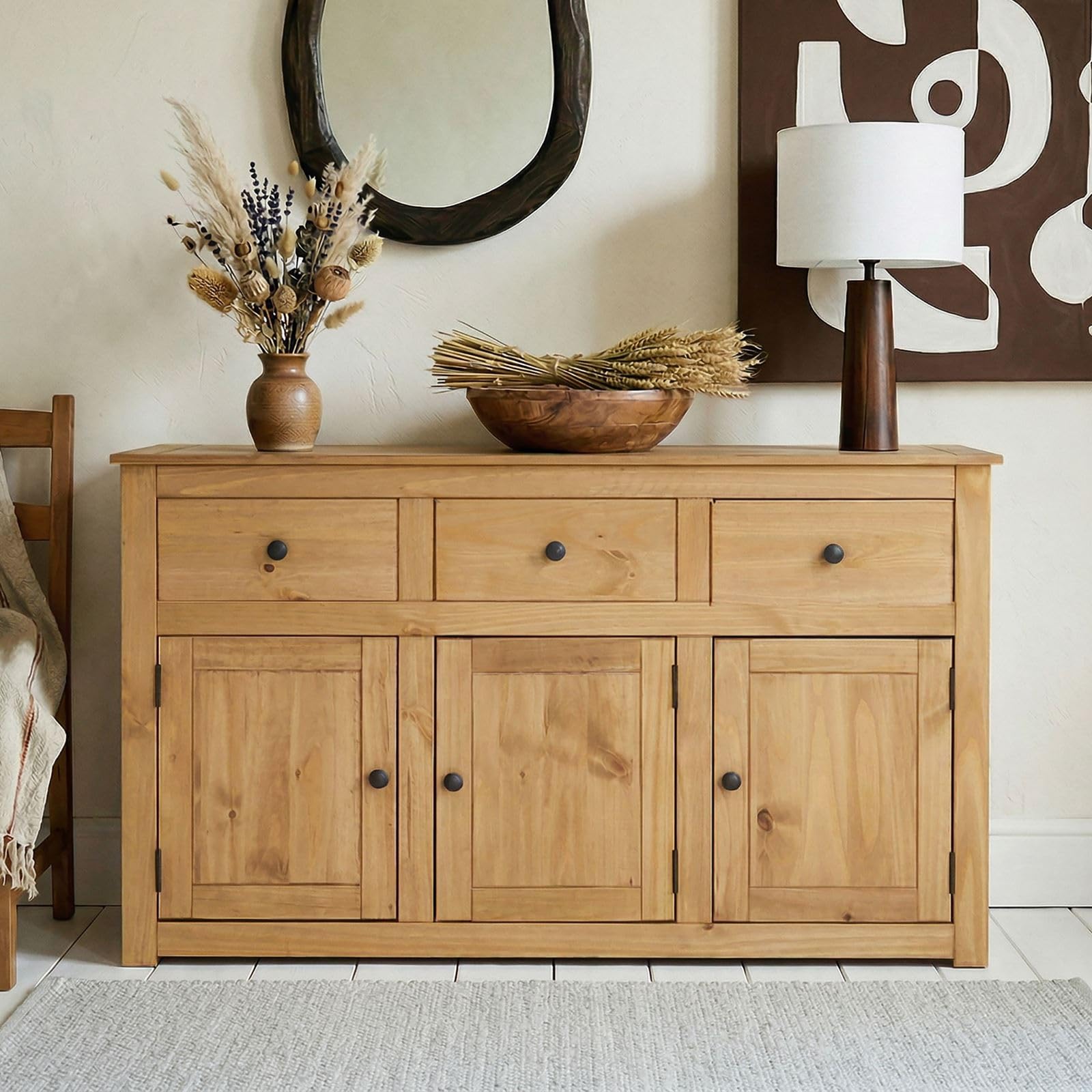 CARO-Möbel Kommode Cancun im Landhaus Stil, Sideboard mit 3 Türen und Schubladen, Moderne Anrichte aus Kiefer massiv mit gebeizter gewachster Oberfläche