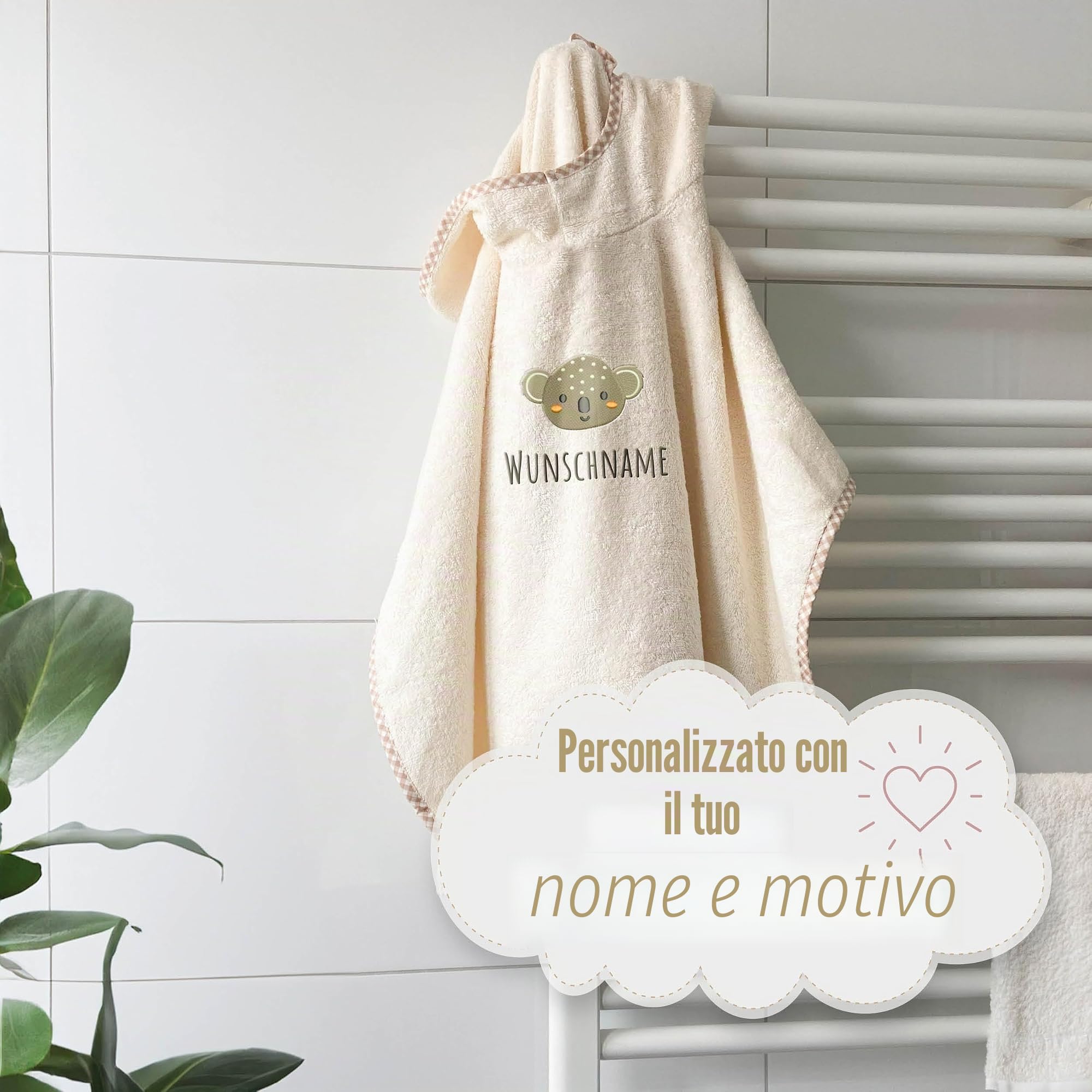 Poncho da bagno per bambini con nome e motivo ricamato, Oeko-TEX® Standard 100 - Asciugamano con cappuccio personalizzato per neonati in pura cotone per un asciugatura delicata (Natura)