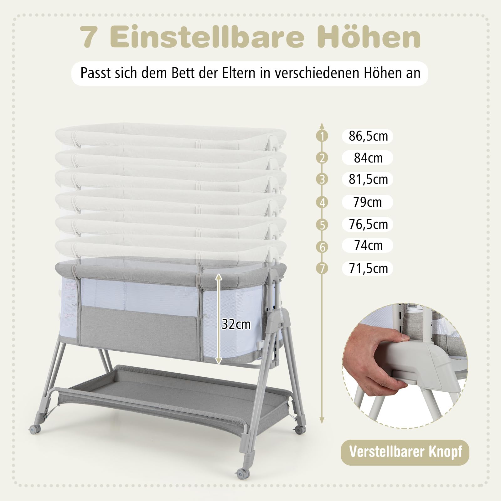 COSTWAY 2 in 1 Beistellbett & Stubenwagen klappbar, tragbare Babybett mit 7 verstellbaren Höhen & Matratze & Tragetasche & Gurte, verstellbare Reisebett für Neugeborene bis 6 Monate (Grau)