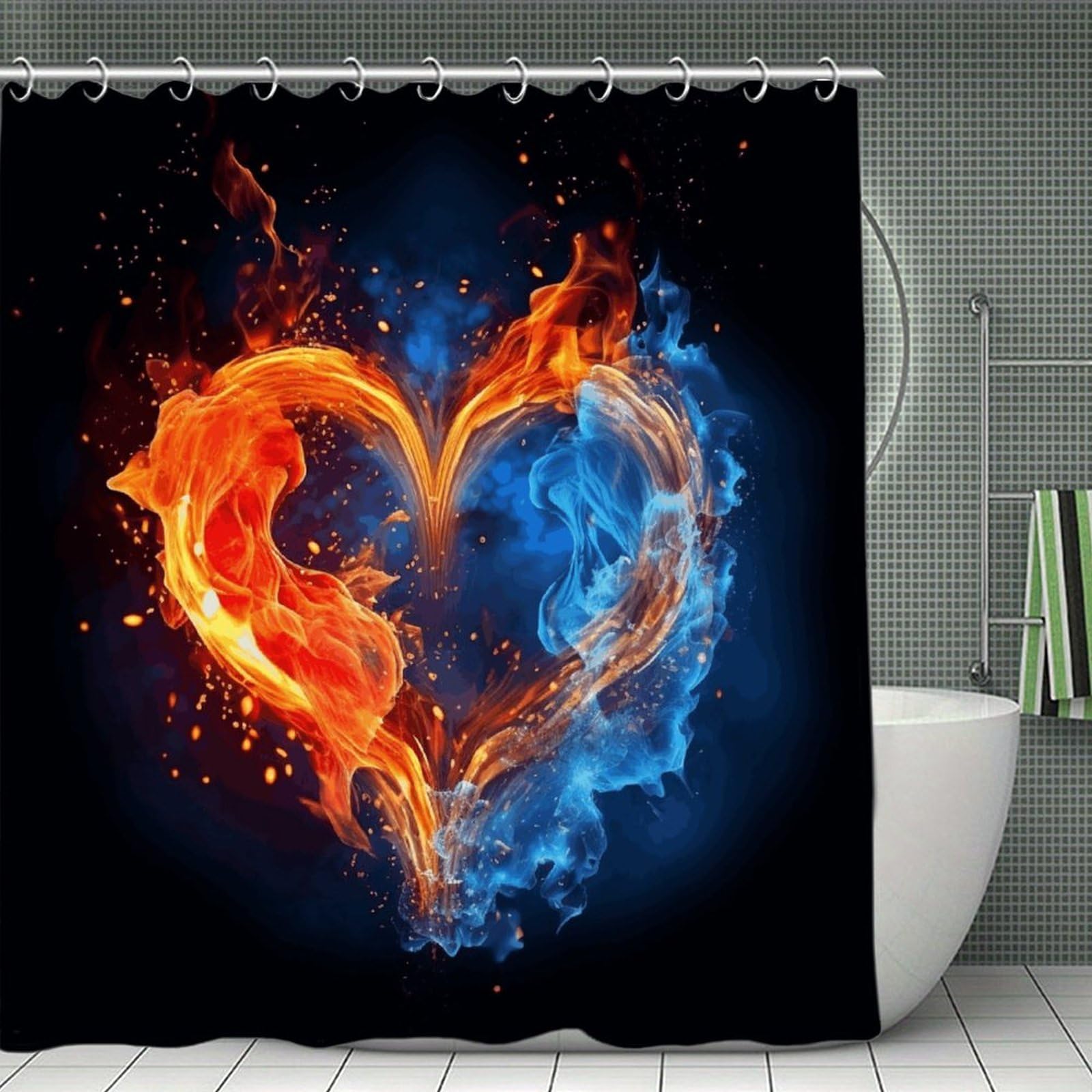 FekiLoot Fire and Water Heart Shower Curtain with Hooks Modern Farmhouse Bathroom Curtain Waterproof Cloth Bath Curtains Cute Washable Blackout Privacy Curtains for Bathroom Bathtub 70.8"x70.8"