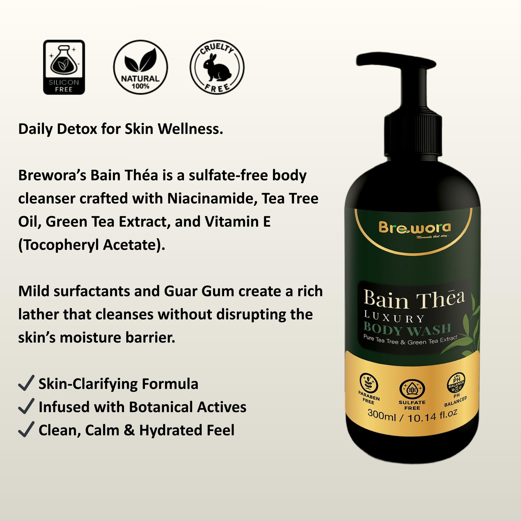 Brewora Bain Thēa | Luxury Body Wash | Tea Tree & Green Tea | 300ml 2