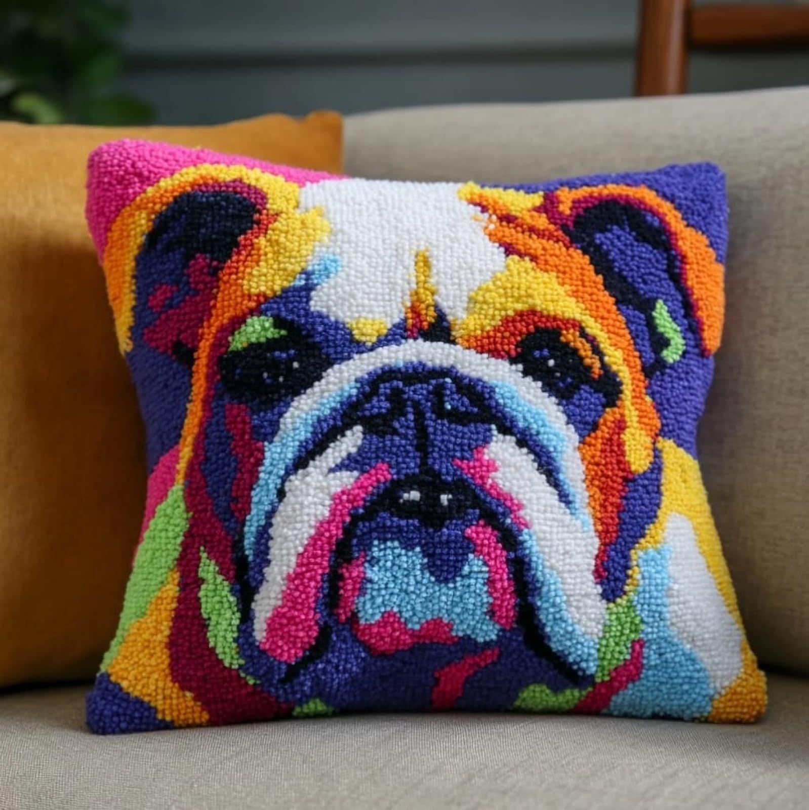 Axiangzik Latch Hook Pillow Kit 17X17in,English Bulldog Complete Diy Cushion Cover For Adults Beginners,Home Sofa Decor & Family Craft Night Gift