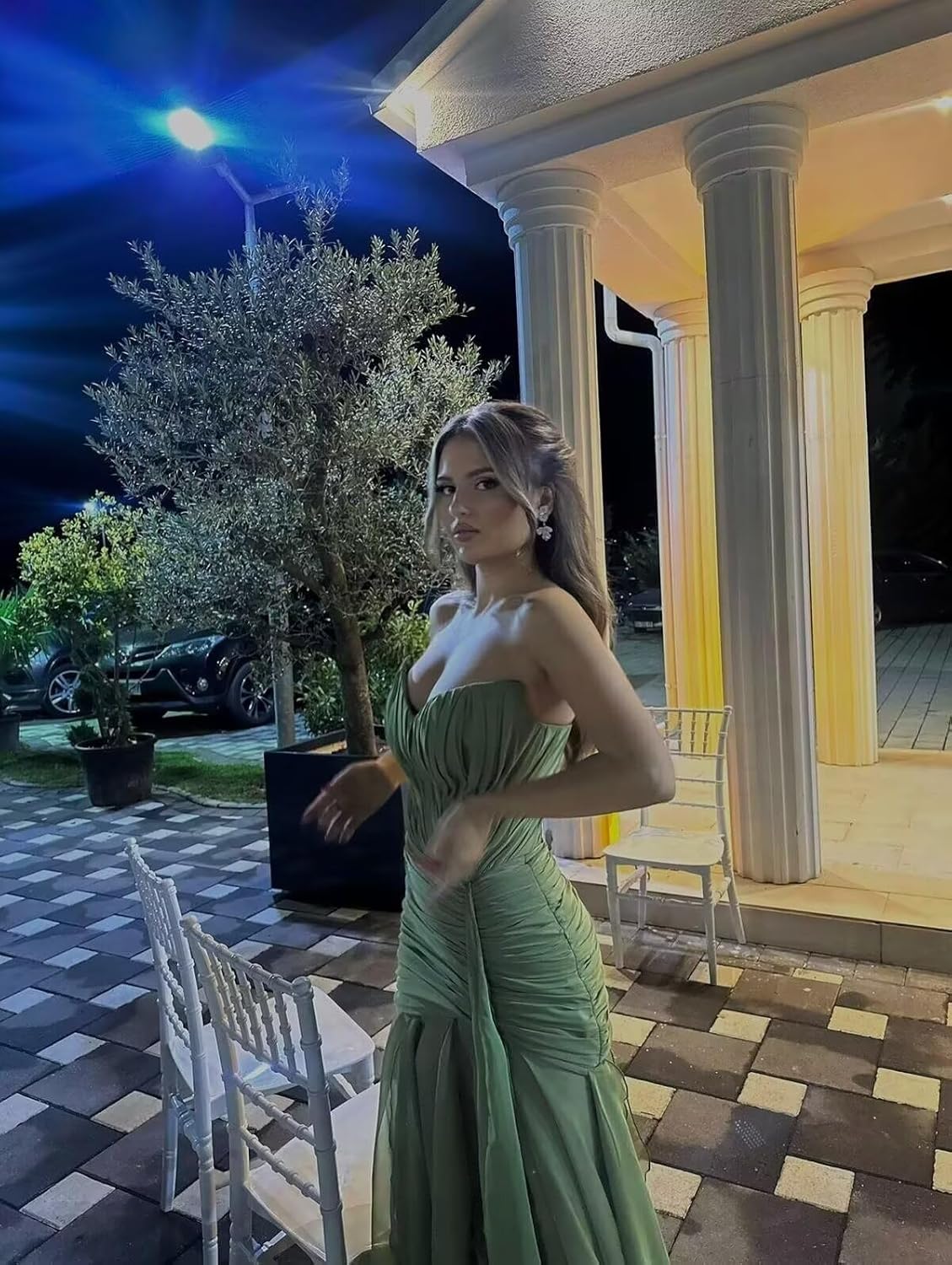 Strapless Chiffon Prom Dresses for Women Sweetheart Neck Sleeveless Pleated Ruffle Formal Evening Gown