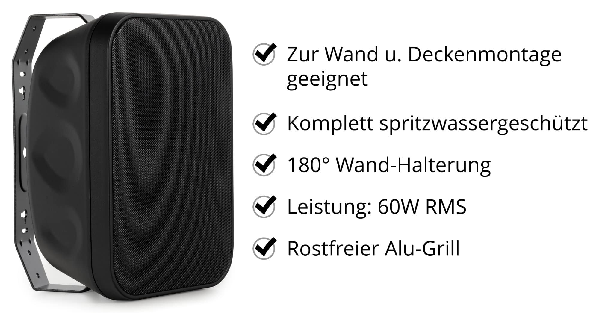 McGrey OLS-651BK Enceinte Outdoor 60 Watts Noire, Enceinte HiFi Deux Voies | Adaptée à l'extérieur, Woofer: cône en polypropylène 6, 5" (165 mm), Tweeter: 1" (25 mm) avec dôme en titane, 5 x 16, 5 cm