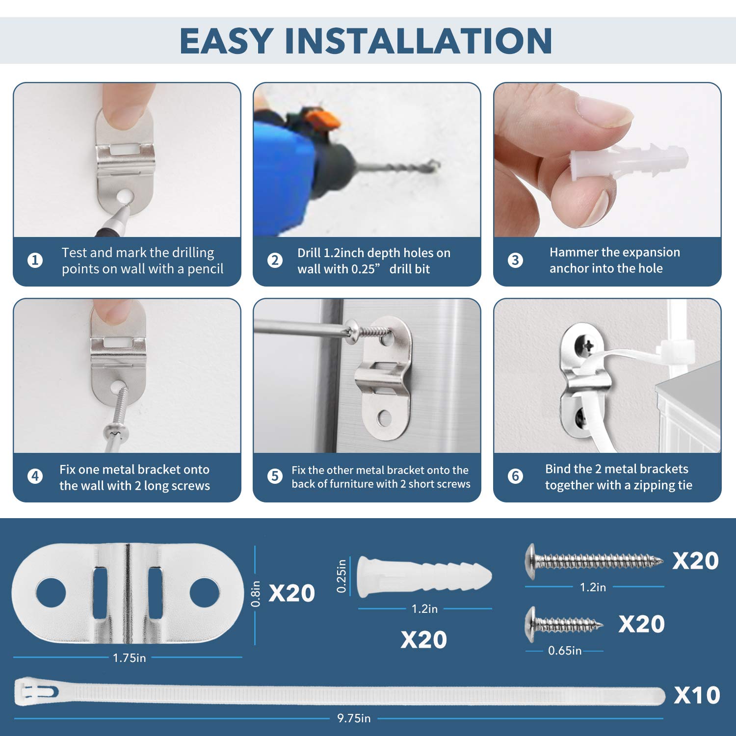 HAOWIN Heavy Duty Metal Furniture Straps 10Pack, Furniture Anchors