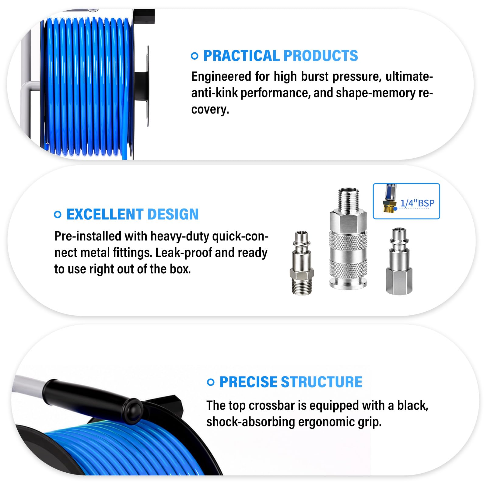 TAILONZ 1/2" x 20M Carrete Manguera Neumática con Racores 1/4" BSP | Kit completo para taller, reparación de coches, manguera retráctil, sistema neumático.