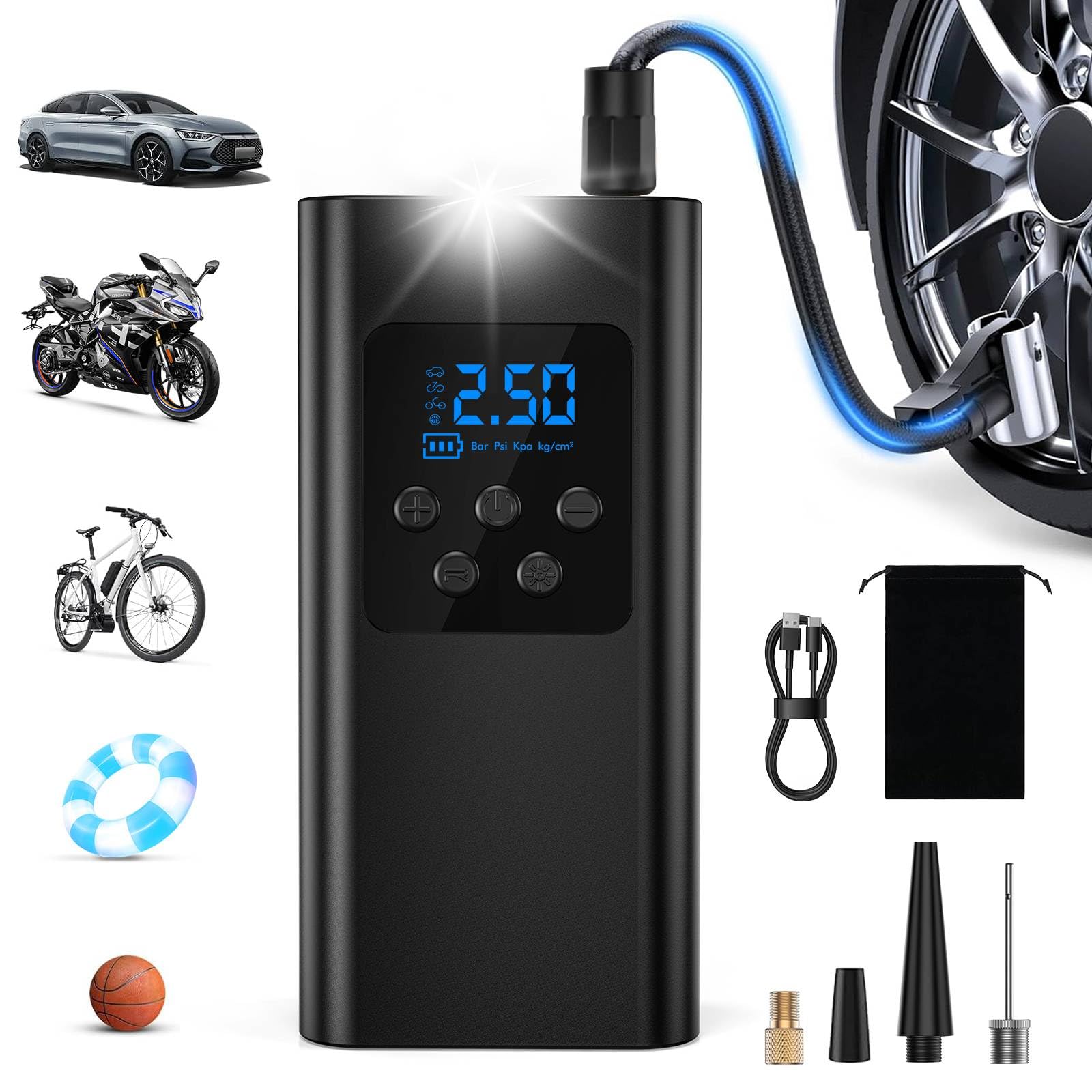 Reifenfüller Luftkompressor - Leistungsstarke 45L/min Autoreifenpumpe, Rapid Auto Reifenfüller mit LED-Licht, 6000mAh Akku, 4 Modi für Autos, Fahrräder, Motorräder & Bälle