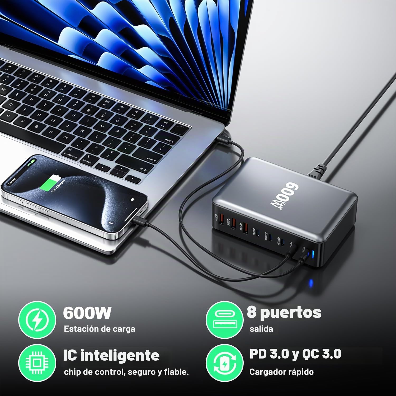 Cargador USBC 600W GAN, Fuente de alimentación de 8 Puertos Estación de Carga rápida multipuerto con 5C+3A, Fuente de PD140W alimentación Cargador múltiple Compatible con Ordenador portátil/MacBook