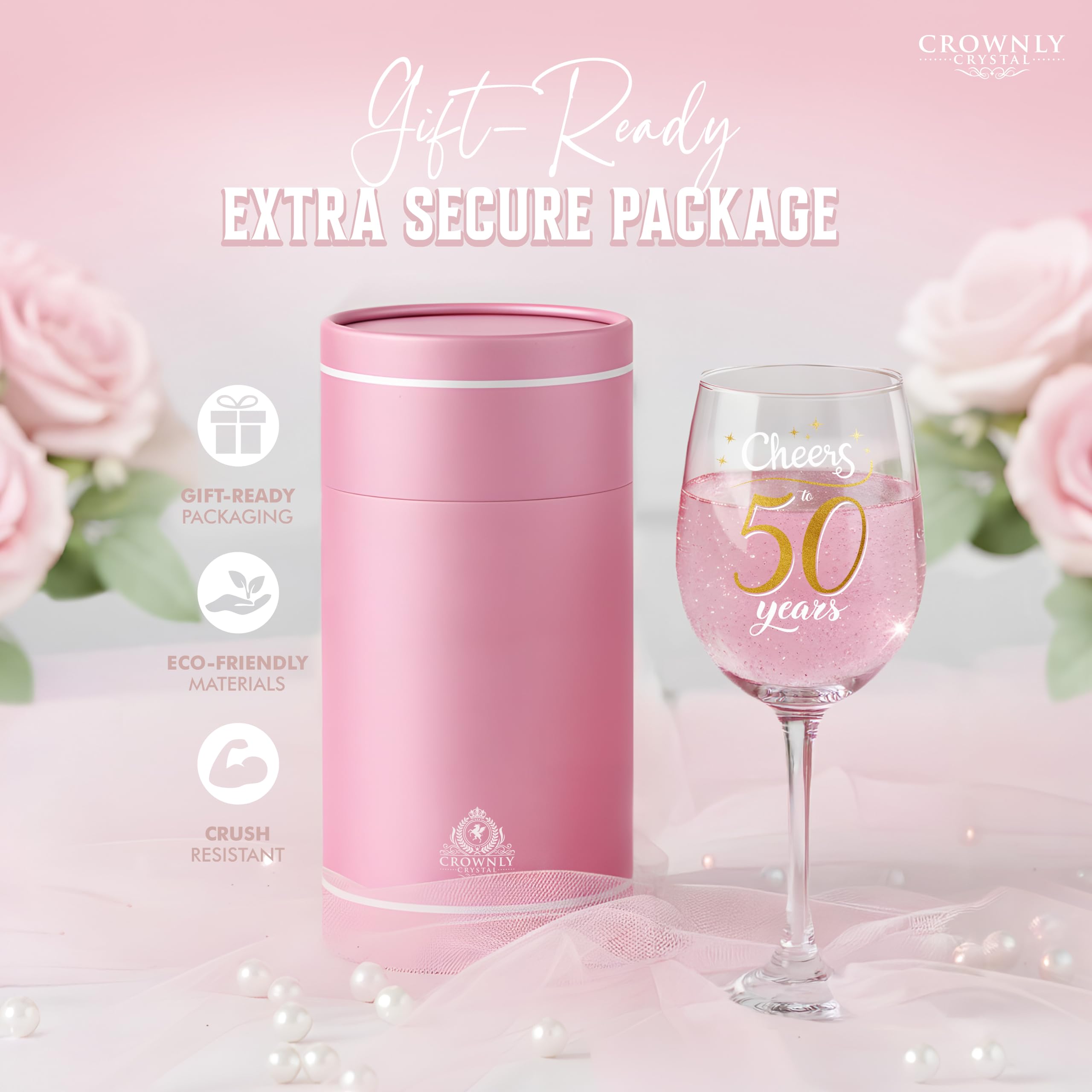 CROWNLY CRYSTAL Calice Da Vino Personalizzato Regalo Donna 50 Anni Con Scritta Cheers To 50 Years Bicchiere Vino Personalizzato In Vetro Elegante Con Scatola Regalo Premium Per Compleanno Importante
