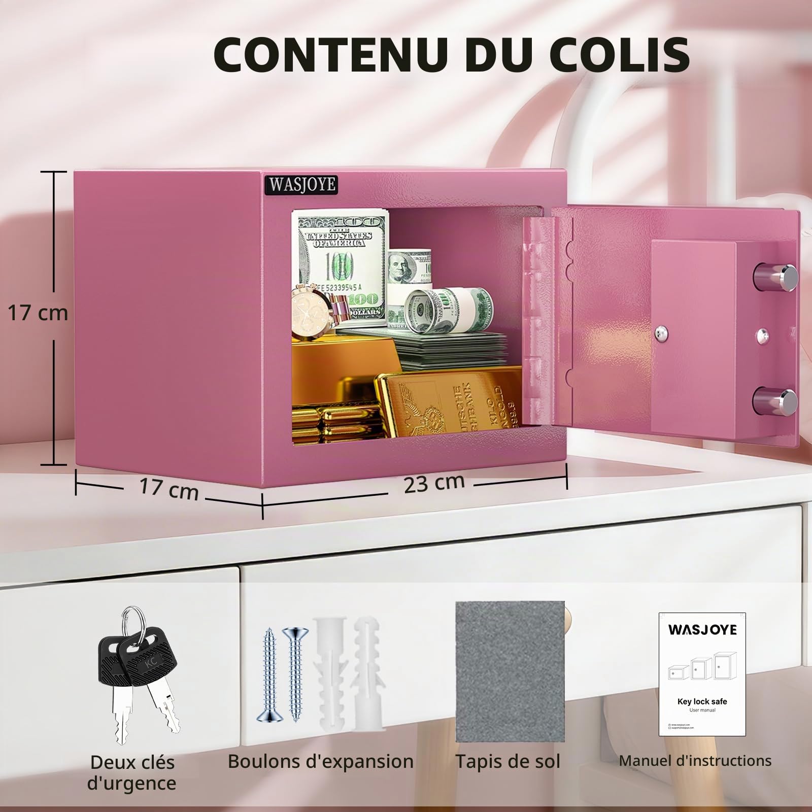 WASJOYE Mini Coffre Fort Domestique,17 * 23 * 17cm Coffre Fort Serrure à clé de Sécurité -Rosa Petit Coffre Fort pour la maison, L'argent, de Documents, de bijoux, de passeports 6.6L