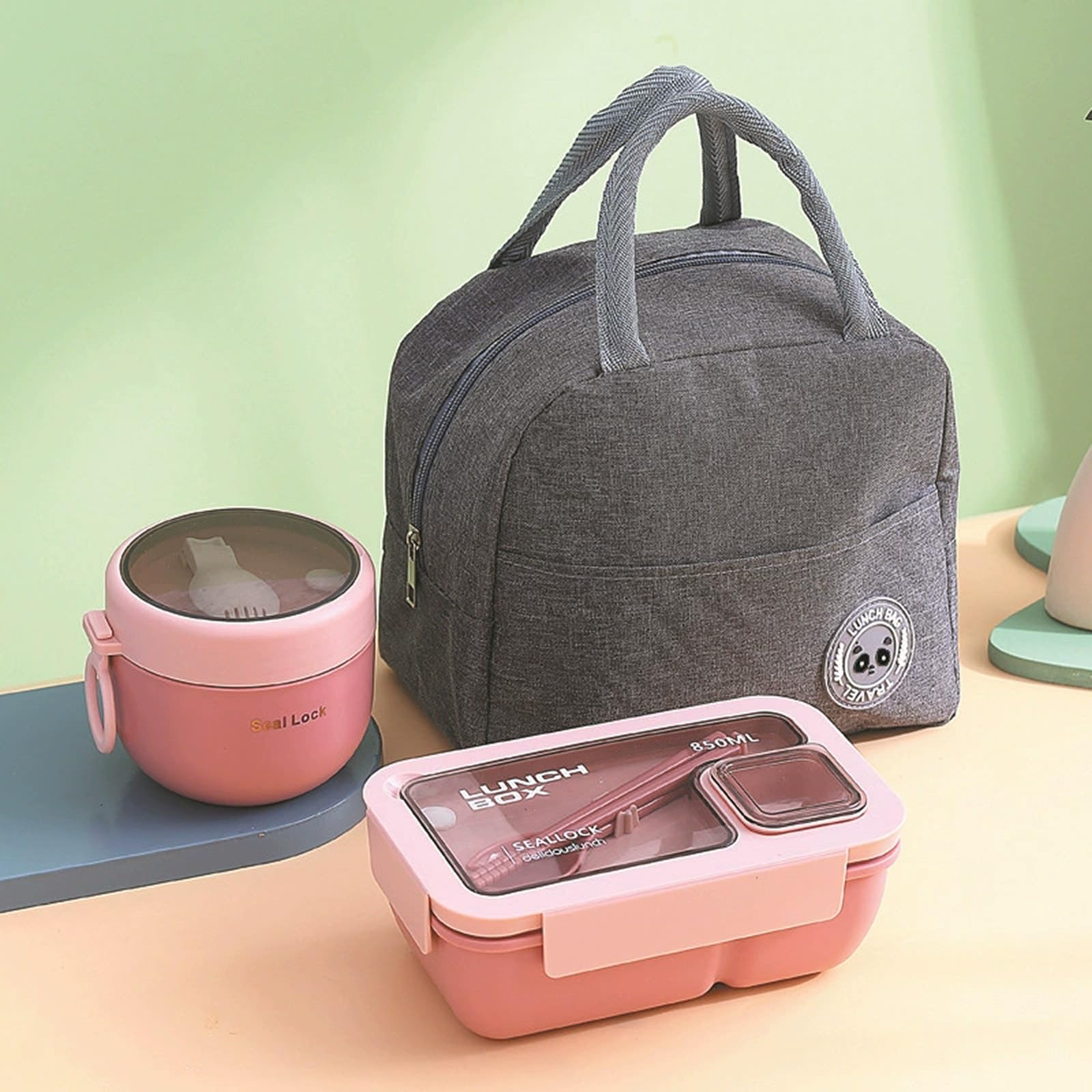 USGLOBL Lunch Box Kids Adults,Bento Box Lunch Box Set with Lunch Bag,Utensils, Oats Container and Cutlery,Microwave Safe ，Leakproof,Lunch Box with Compartments Ideal for Work,School,Park