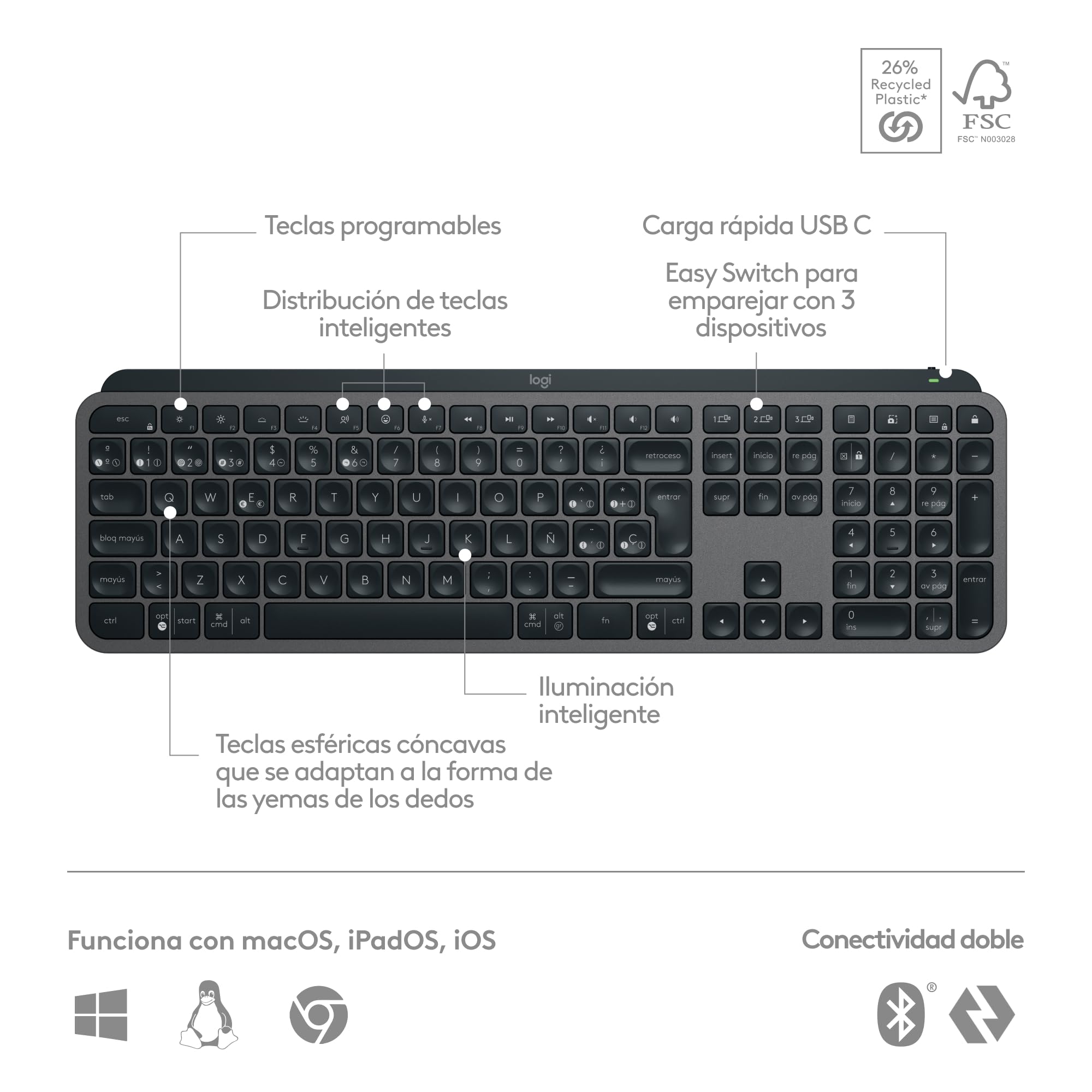 Logitech MX Keys S Teclado inalámbrico, Perfil Bajo,Escritura Fluida Precisa Silenciosa, Teclas Programables,Iluminación, Bluetooth, Carga USB C,para Windows, Linux, Chrome, Mac, QWERTY Español - Gris