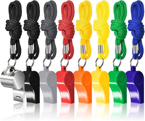 FineGood Paquete de 7 silbatos de árbitro de plástico con cordones, 1 pieza de metal de acero inoxidable, silbatos coloridos para fútbol, deportes,