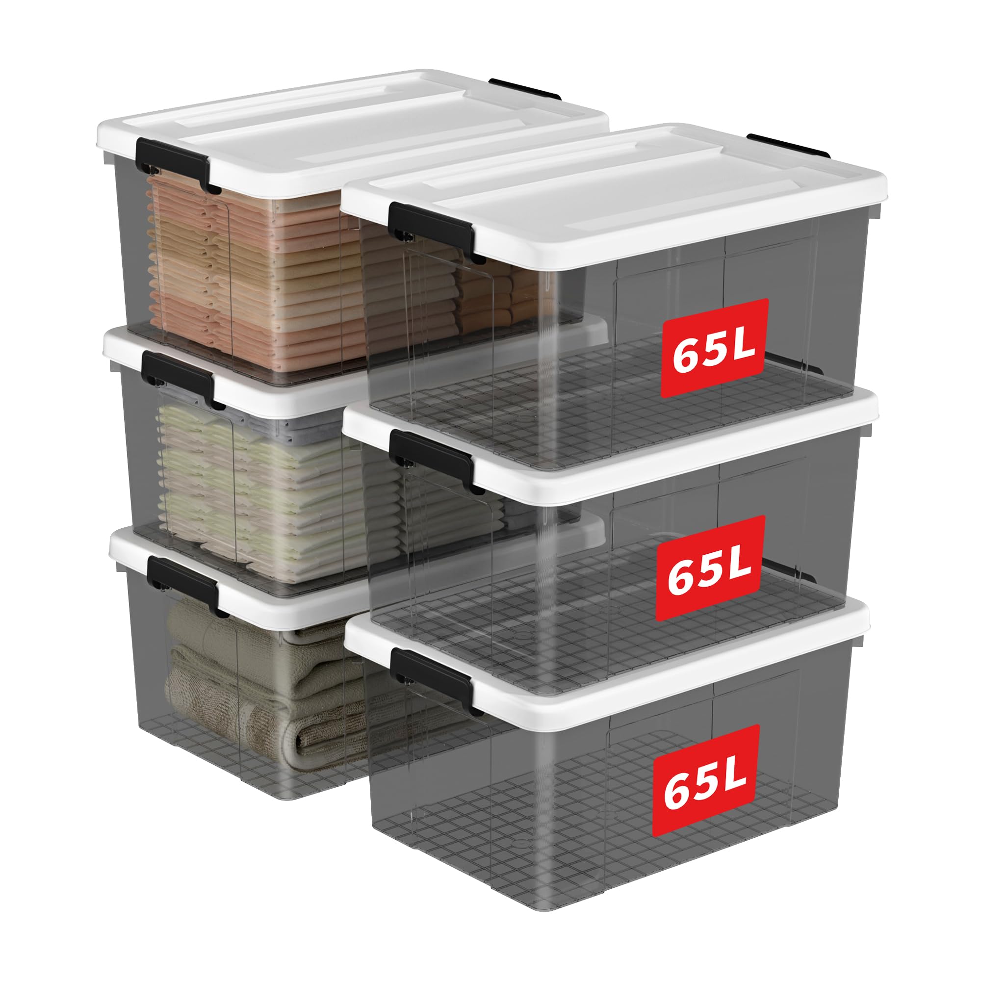 Cetomo 65L* 6Storage Boxes, Plastic Storage Box with Lids, Organizing Container with Secure Latching Buckles, Stackable, Nestable, Large Bin for Home Clothes, 65L-6Pack, Clear Black