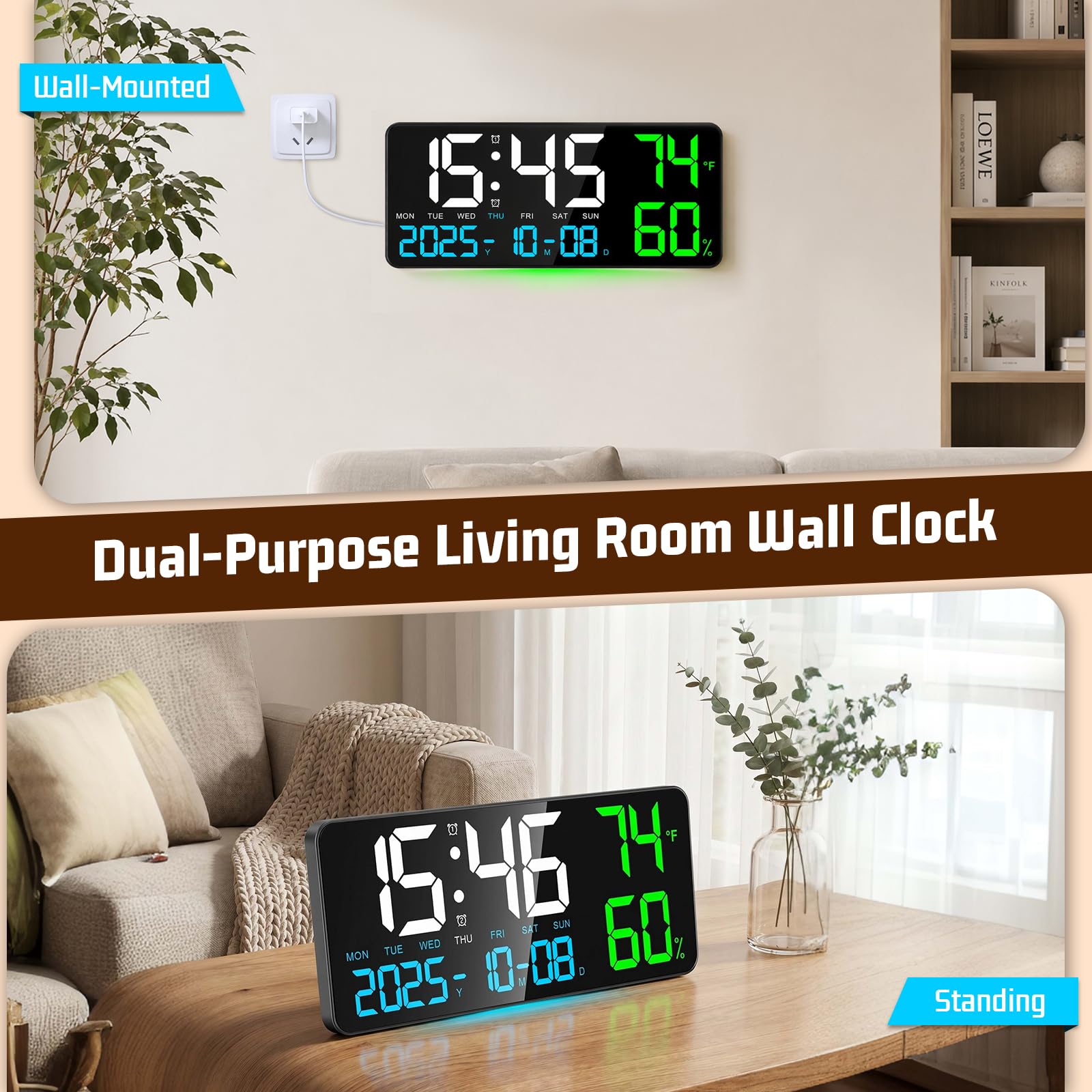 15" Orologio da Parete Digitale Grande, Orologio Digitale LED con Telecomando, Luce Notturna, Temperatura, Data, Allarme, Dimmer, 24/12 H, per Soggiorno, Camera da Letto, Ufficio