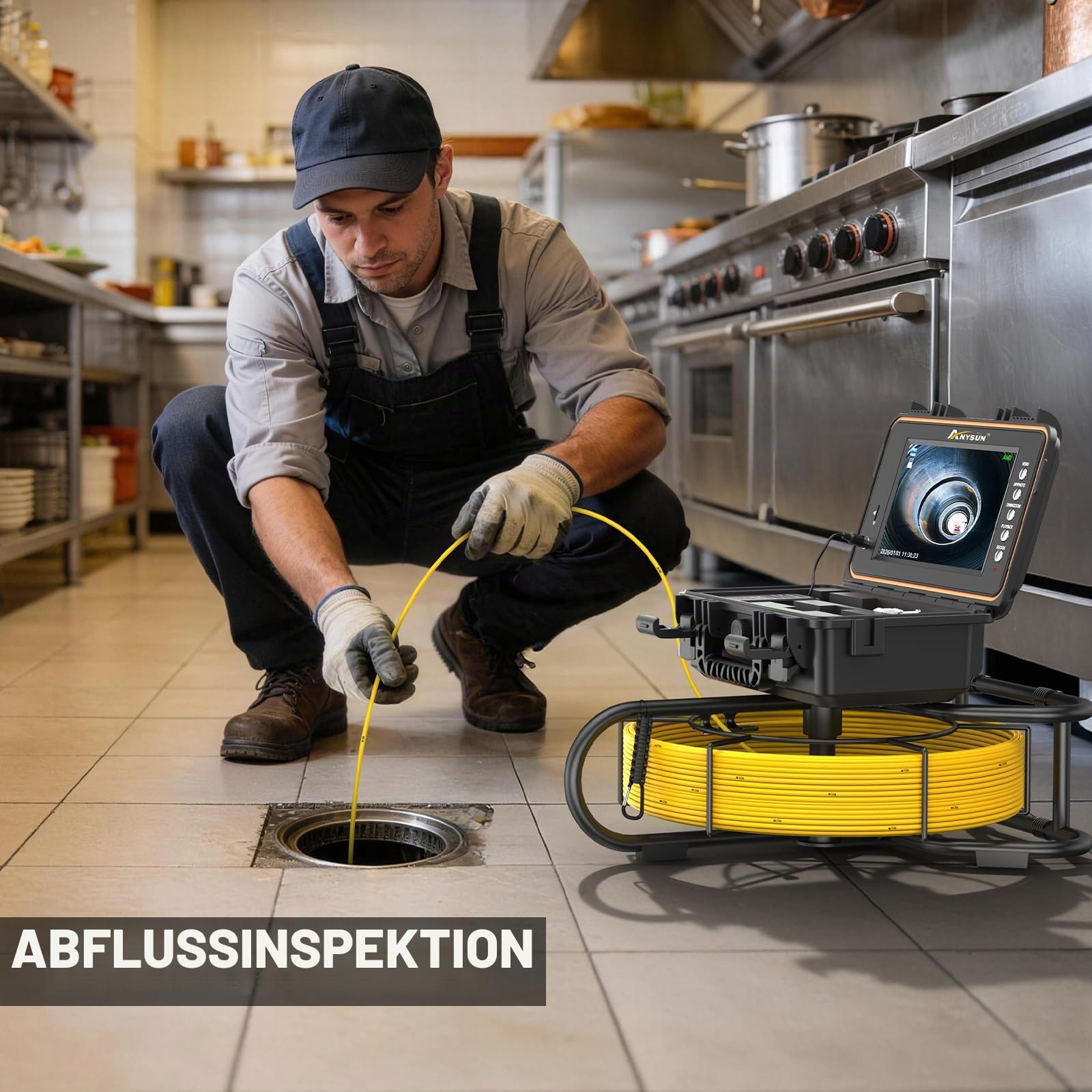 Anysun Selbstnivellierung Rohrkamera 30M, 512Hz Sender, 1080P HD 23mm Kamera, 9" IPS Inspektionskamera mit 7mm Meter-Kabel, DVR & 32GB Karte, Abflusskamera IP68 Wasserfest, 5100mAh Batterie | 9" IPS Inspektionskamera mit 7mm Meter-Kabel, DVR & 32GB Karte,