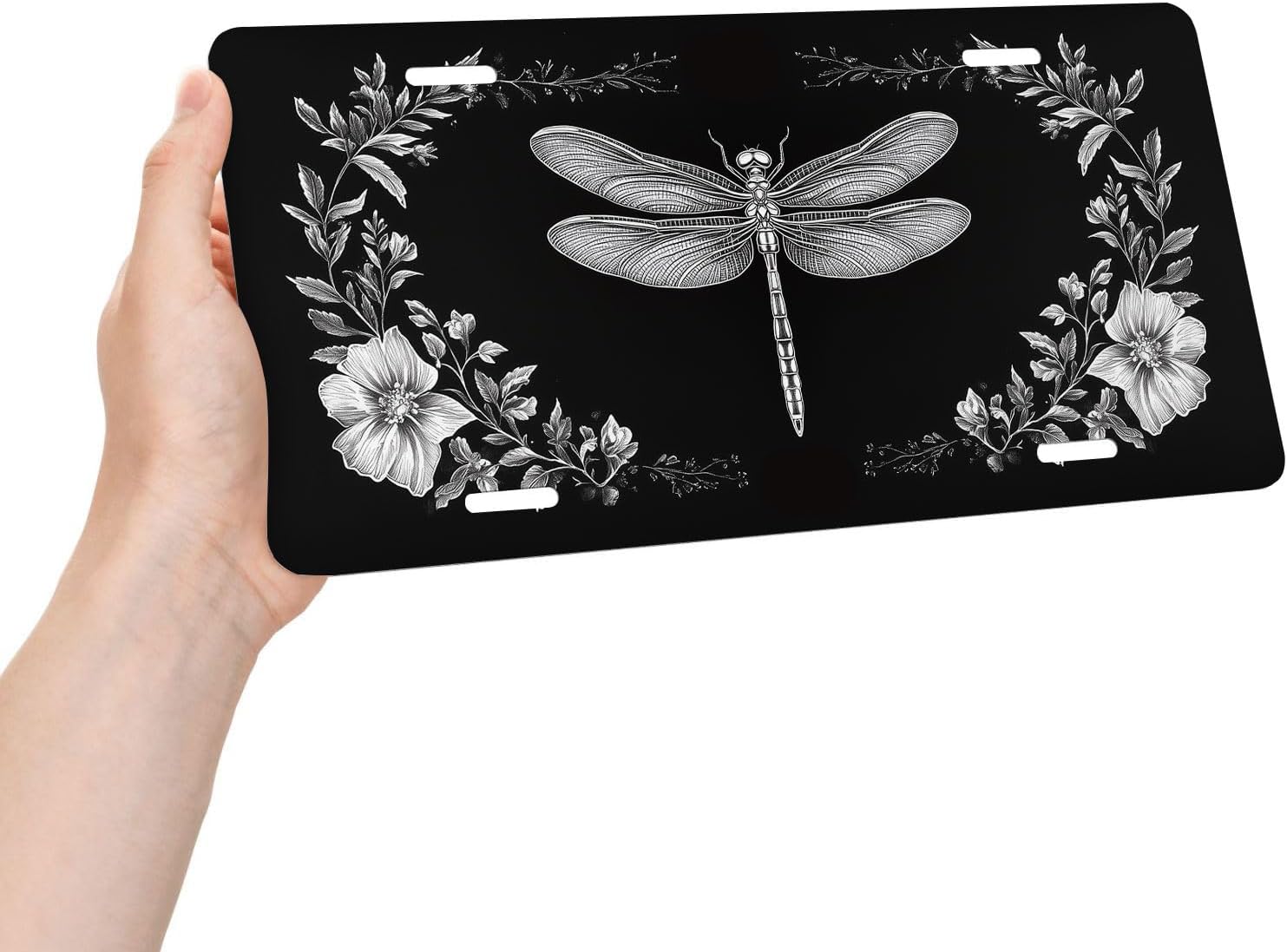 Dragonfly Front License Plate for Women Botanical Floral Wildflower Nature Car Vanity Plates Decorative Aluminum Metal Cute Novelty License Plate Cover for Men 6x12 Inch (4 Holes)