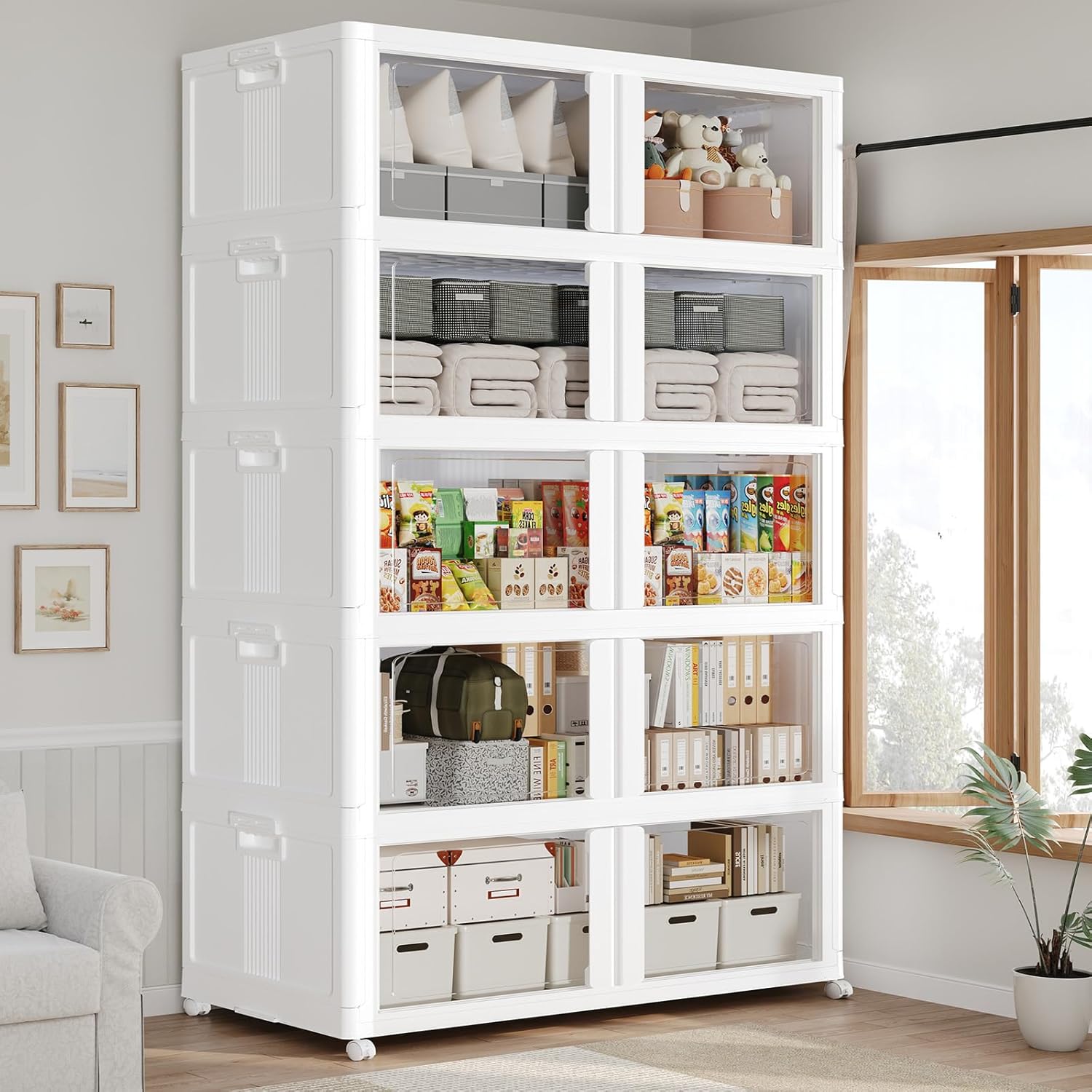 250GAL Large Stackable Storage Bins with Lid and Wheels, 1000Qt Collapsible Organizer Cabinet with Clear Door, for Closet, Bedroom, Kitchen, Garage, 5-Pack White