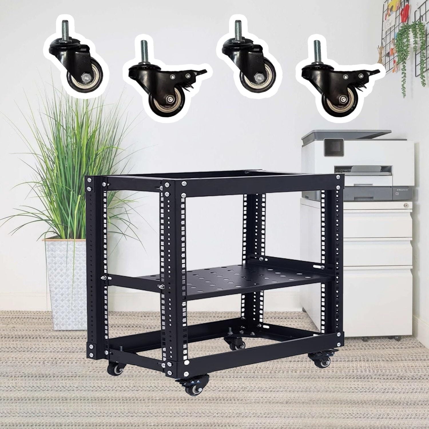 Vibeo Rack di Rete a Telaio Aperto Rack di Rete Mobile a Telaio Aperto con Ruote, Rack Server 6, 9, 12, 15, 18 e 22U per Ufficio, Rack di Rete Ventilato Regolabile da 48 cm(6U,D 29 cm (11 3/8"))