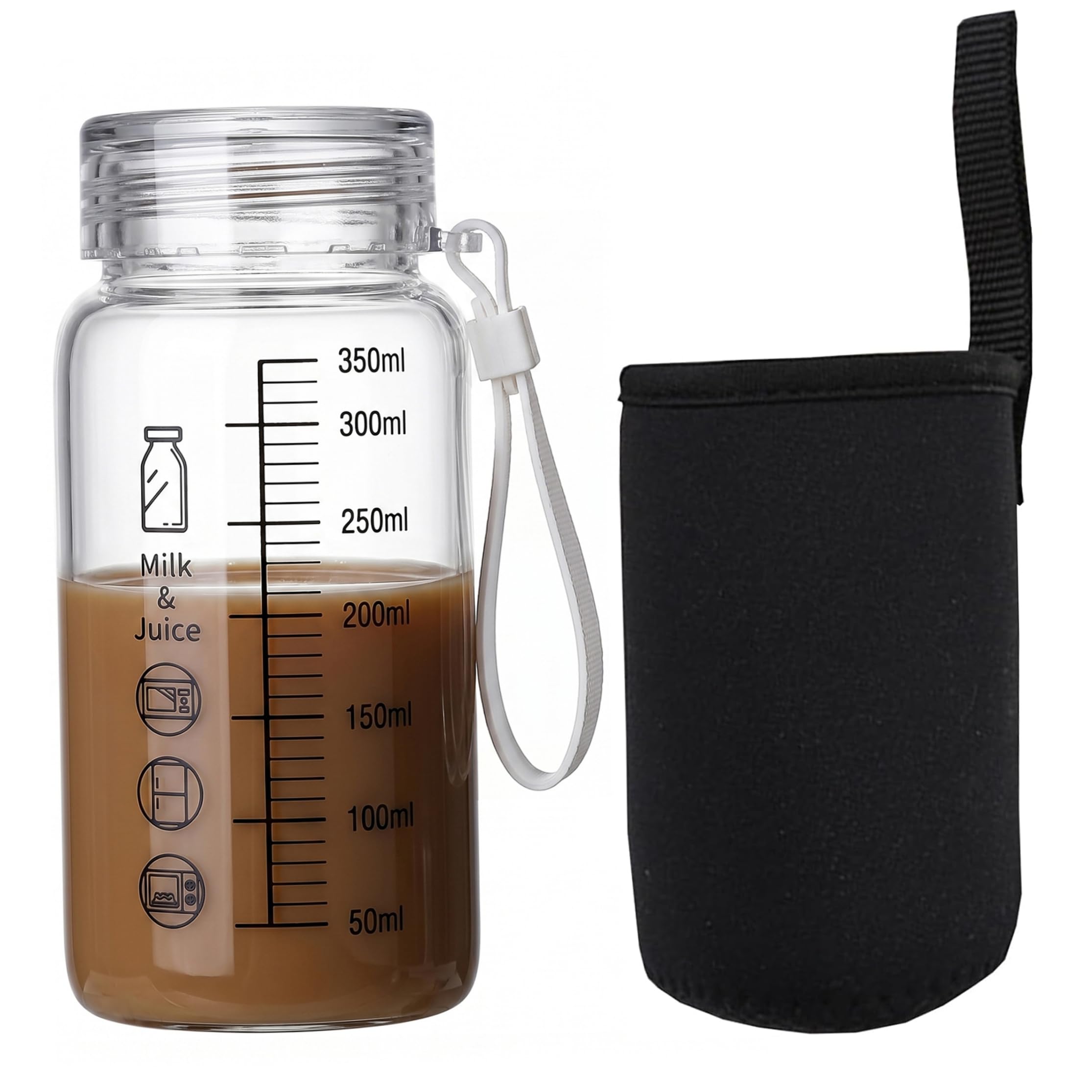 Ameble Glass Milk Bottle with Lid, Leak-Proof, Clear, 350ml