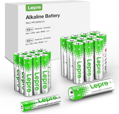 Lepro Paquete variado de baterías, pilas AA y AAA, paquete combinado de 24 unidades, potencia alcalina de 2800 mAh, 12 pilas AA dobles y 12 pilas