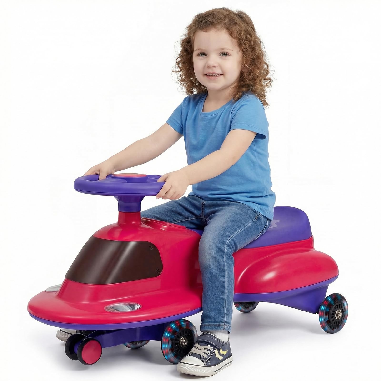 GYMAX Kids Wiggle Car, Children Ride On Toy with LED Flashing Wheels and Under-seat Storage, Indoor Outdoor Swing Car for 3+ Years Old Boys Girls (Pink + Purple)