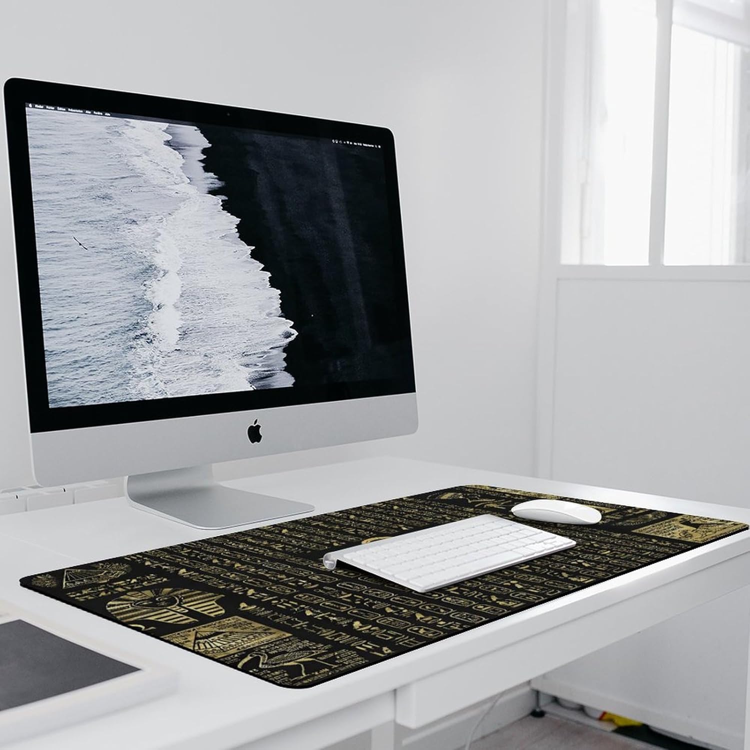 Vintage Egypt Waterproof Gaming Mouse Pad Abstract Egyptian Ancient Culture Black Gold Hieroglyph Symbol for Wireless Mouse, Computers, Laptop, Office 36L x 16W Inch