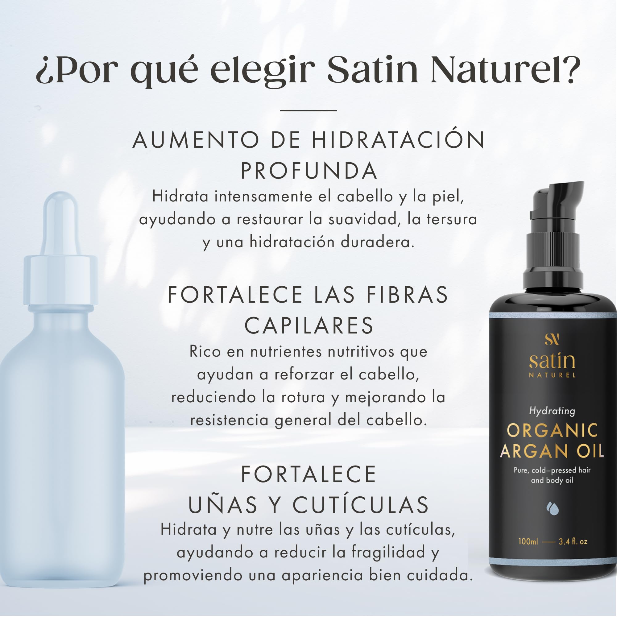 Satin Naturel Aceite de Argán Bio 100 ml – 100% Aceite Puro Prensado en Frío – Aceite Natural para Cabello, Piel, Uñas y Barba – Aceite para Cabello Seco y Cuero Cabelludo, Certificado Orgánico