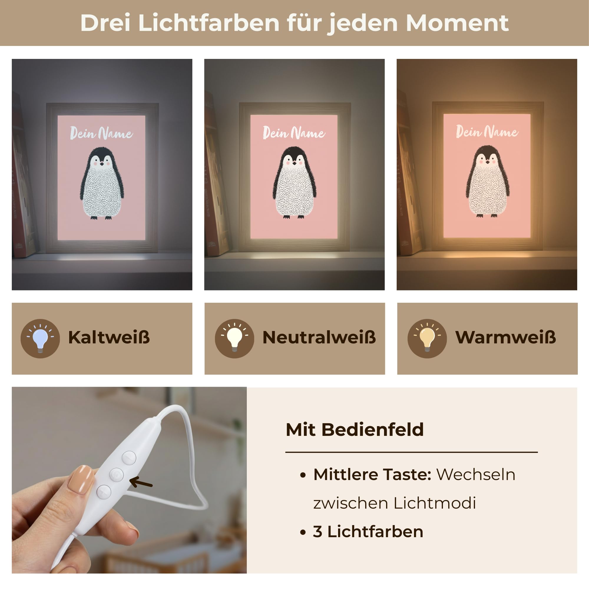 Nachtlicht Für Kinder Mit Name 15x20 cm Lampe Nachttisch Nachtlampe Kinderzimmer Personalisiert Nachttischlampe Jugendliche Pinguin - Punkte - Minimalistisch - Rosa