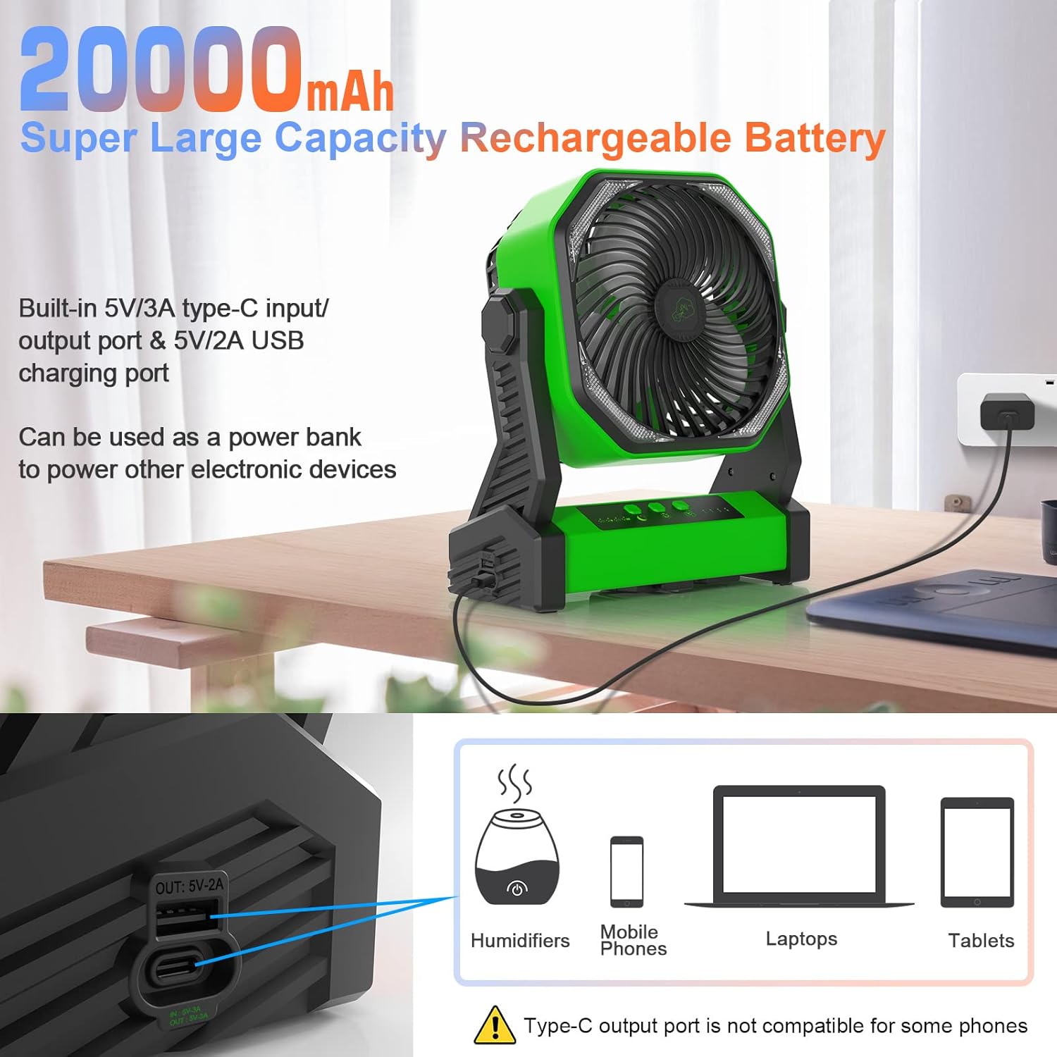 Gewanolla Portable Rechargeable Fan with LED Light, 20000mAh Battery Powered Camp Fan with Hook, 270° Pivot, 4 Speeds, USB Table Fan for Camping, Fishing, Power Outage, Barbecue, Jobsite