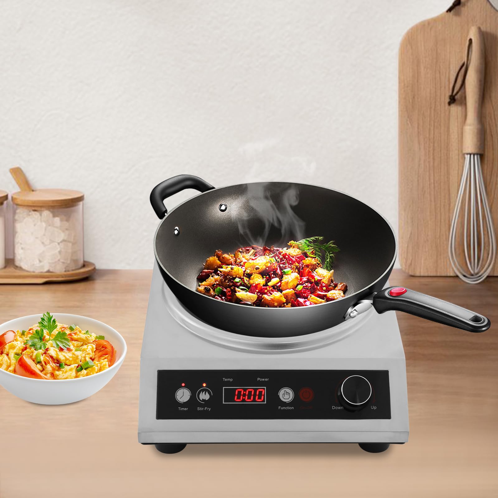1800W Electric Wok Used for Home and Commercial, Induction Wok with Concave Surface Strong Power Dual Control Mode 10 Power and Temp 24H Timer Induction Cooktop For Cooking