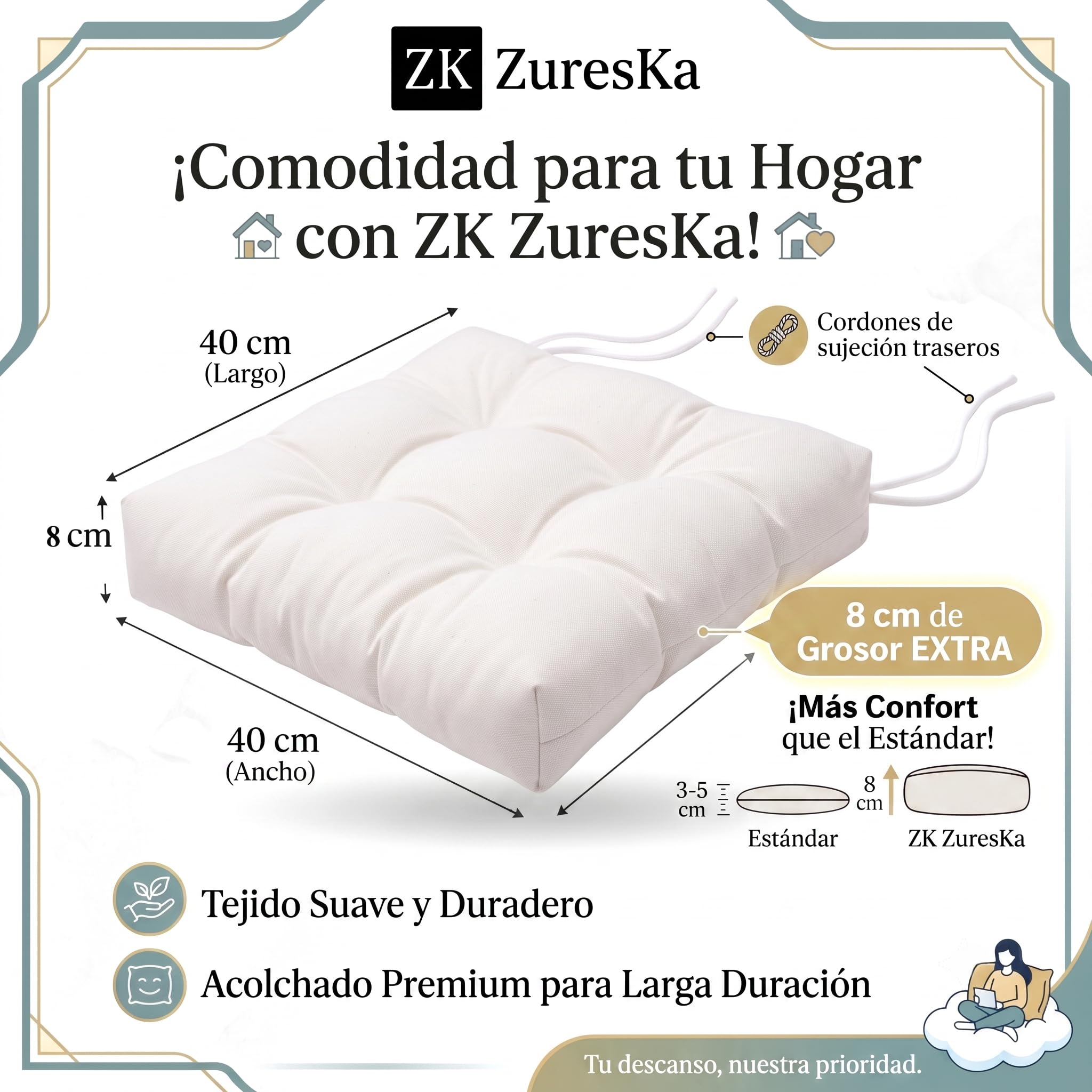 Cojines para Sillas de Terraza (Pack de 6). Cojines Silla 40x40 cm (Grosor Extra 8 cm). Cojin Silla Exterior. Cojines Exterior Comedor, Cocina, Terraza y Jardín. (6, Blanco, 40x40x8)