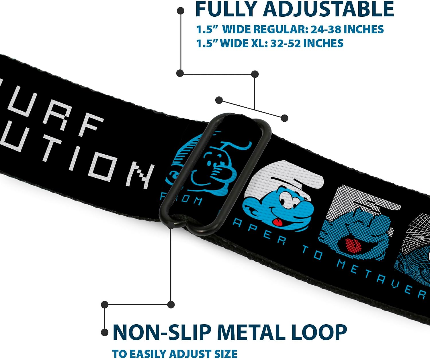 The Smurfs Belt, Seatbelt Buckle Belt, Smurf Evolution From Paper to Metaverse Smiling Face Black, Adjustable