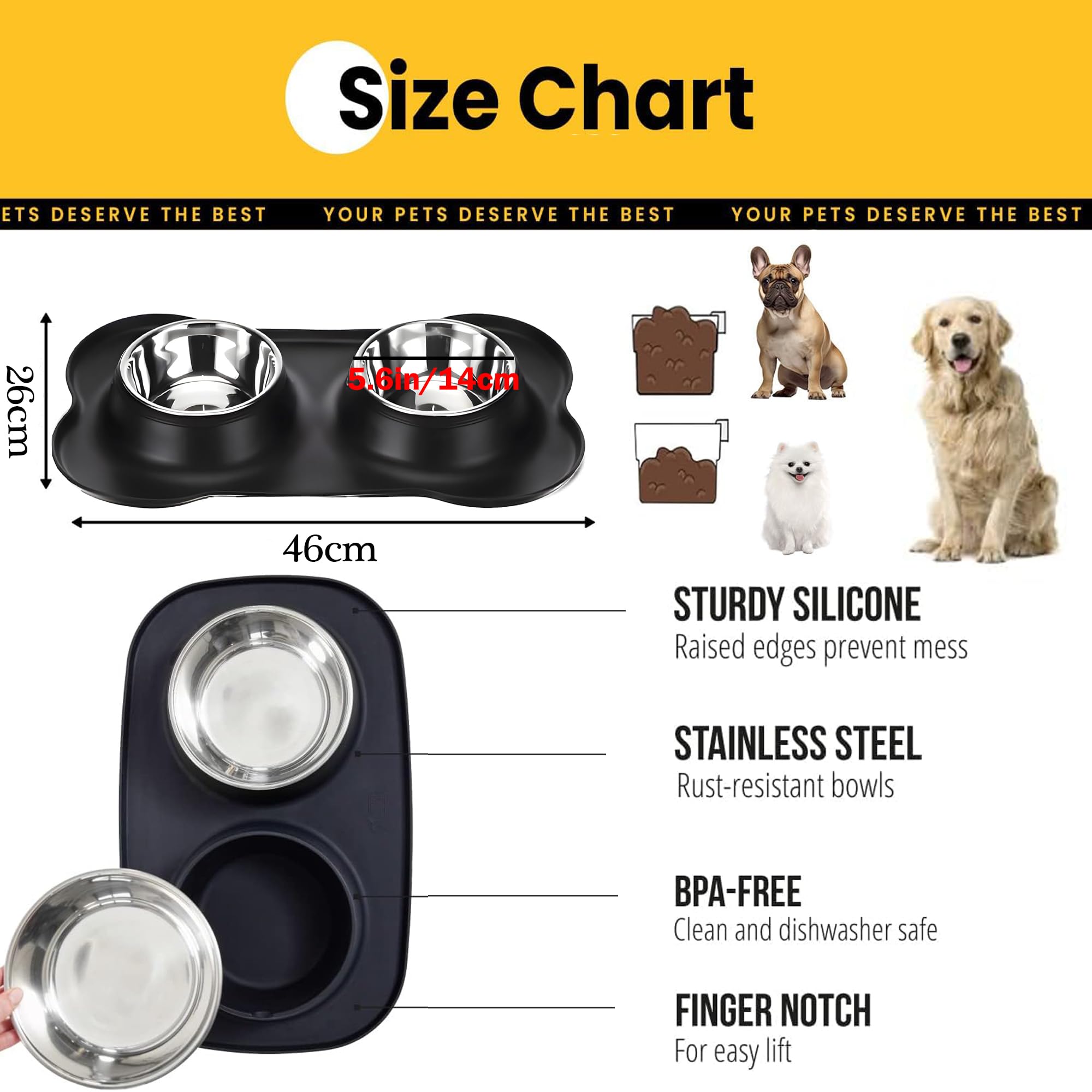 Ciotola per Cani,Doppia Ciotole in Acciaio Inossidabile,Ciotola Cane con Tappetino in Silicone,Facile da Pulire,Bowl Doppia per Cani e Gatti di Piccola e Media Taglia