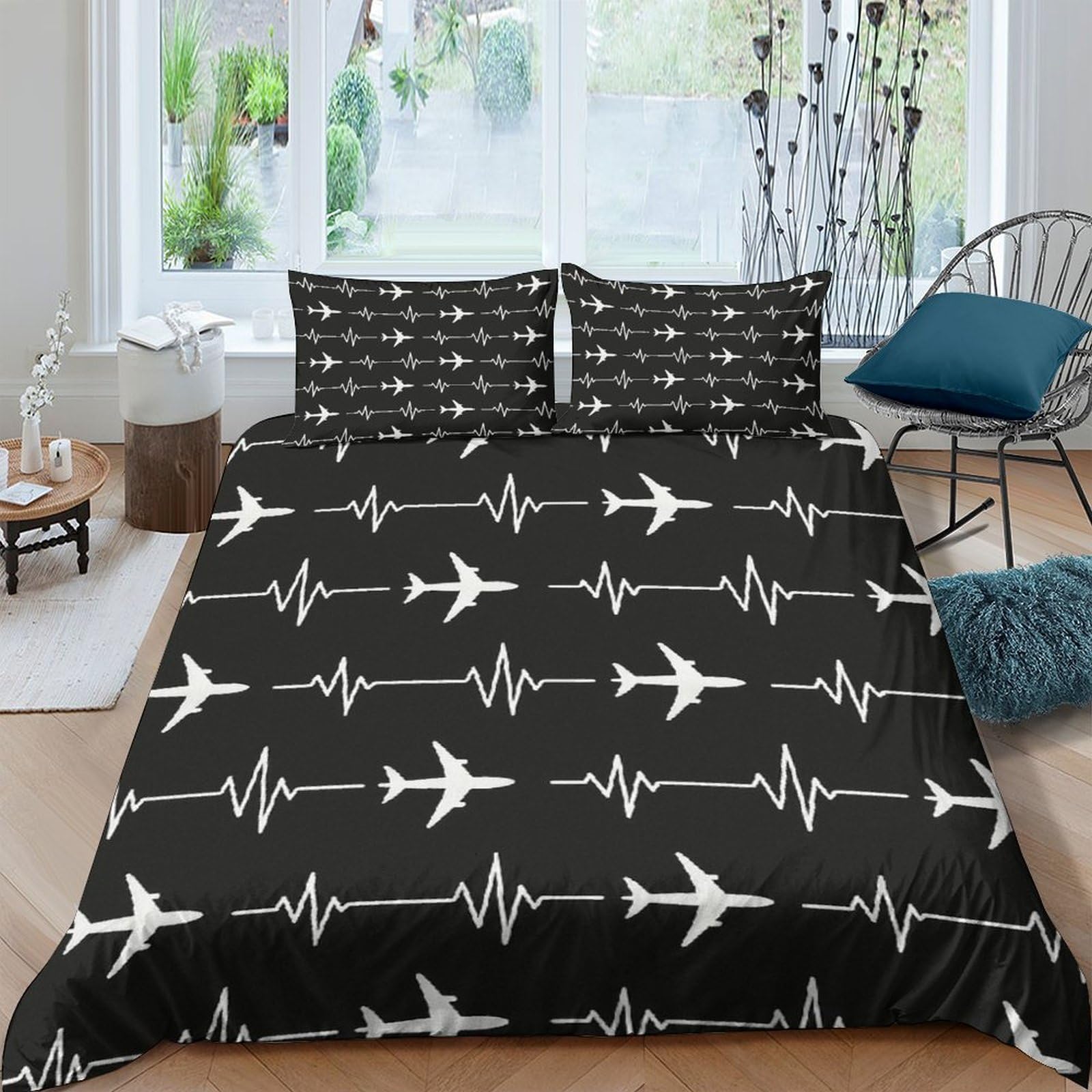 Ctjqhvkz Style-2 3D Printed Black Airplane Pattern Fitted Sheet Microfiber Soft Breathable Heartbeat Mattress Cover For Bedroom Dorm Decor Single（135X200cm）