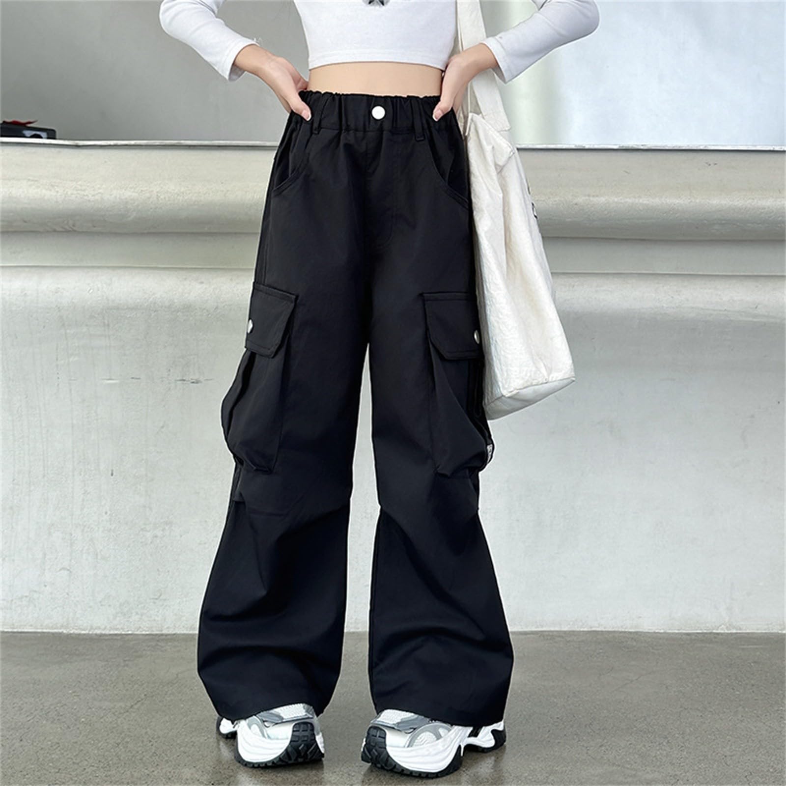 Pantalon cargo à jambe large avec poches pour filles - Taille élastique - Pantalon d'école tendance - Taille haute - Droit - Ample - Style hip-hop uni, Noir , 11-12 ans