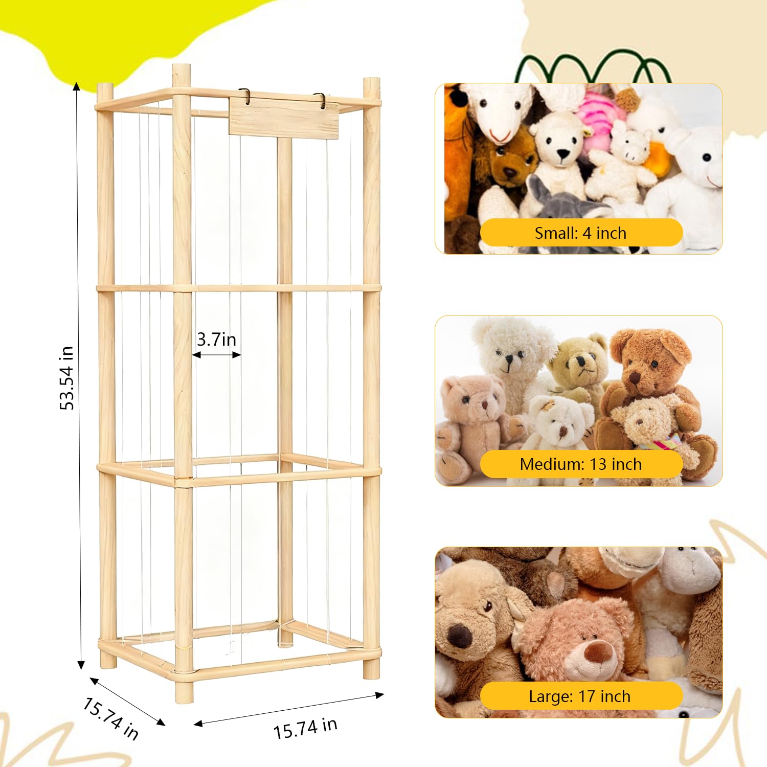 Contenitore per animali di peluche, in legno, 136 x 40 x 40 cm, salvaspazio, per camera dei giochi, cameretta dei bambini, soggiorno