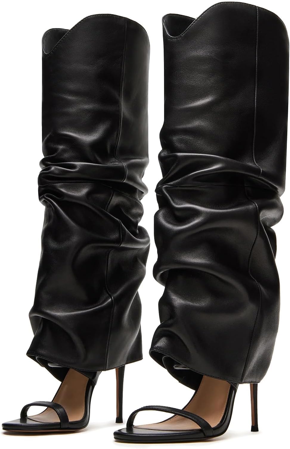 Slouched Ruched Knee High Heels Pull On Wide Calf Sandals Round Open Toe Single Strap Stiletto Shoes Clubwear for Party Evening Footwear Man Woman