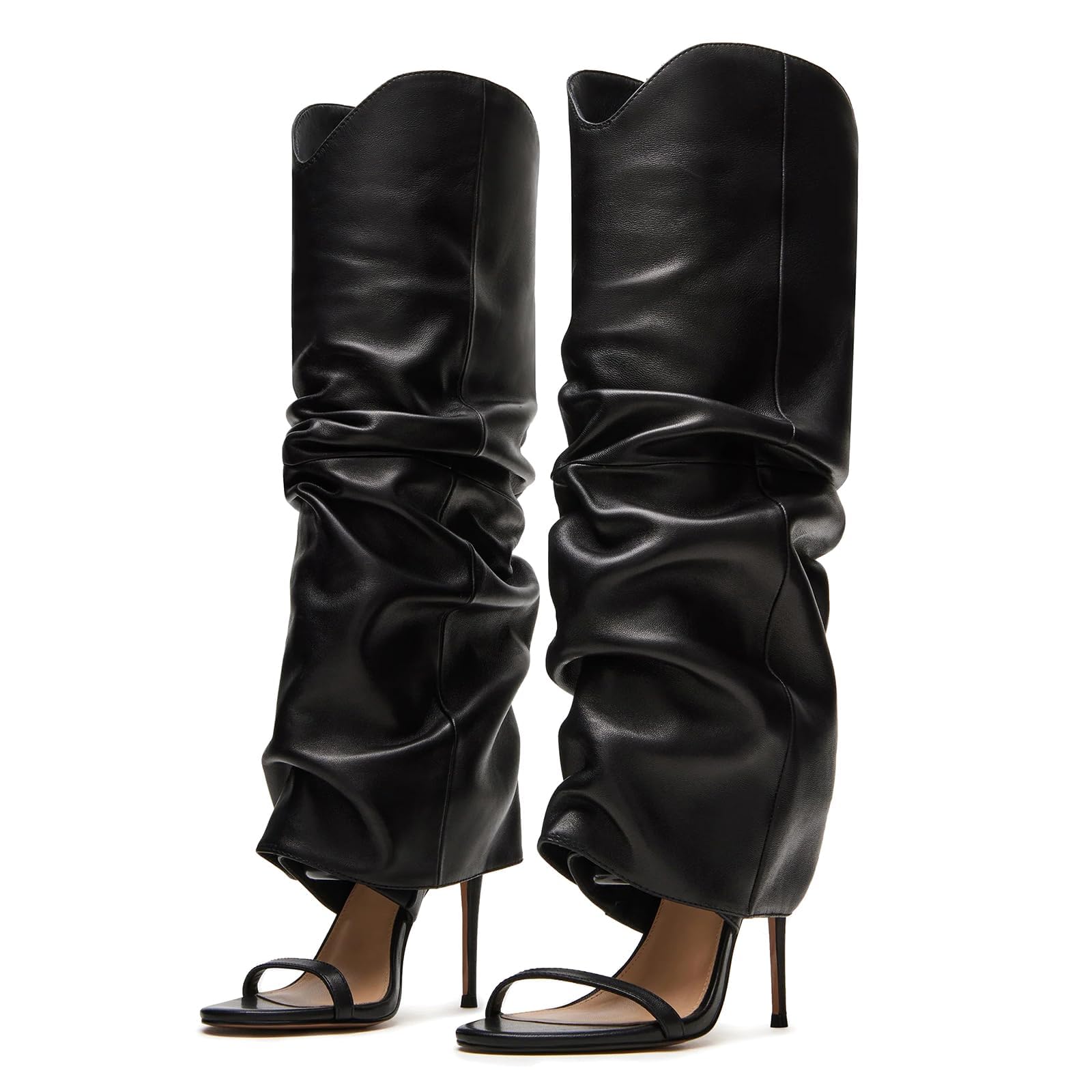 yishaweiqi Slouched Ruched Knee High Heels for Women Pull On Wide Calf Sandals Round Open Toe Stiletto Heels-picture-30