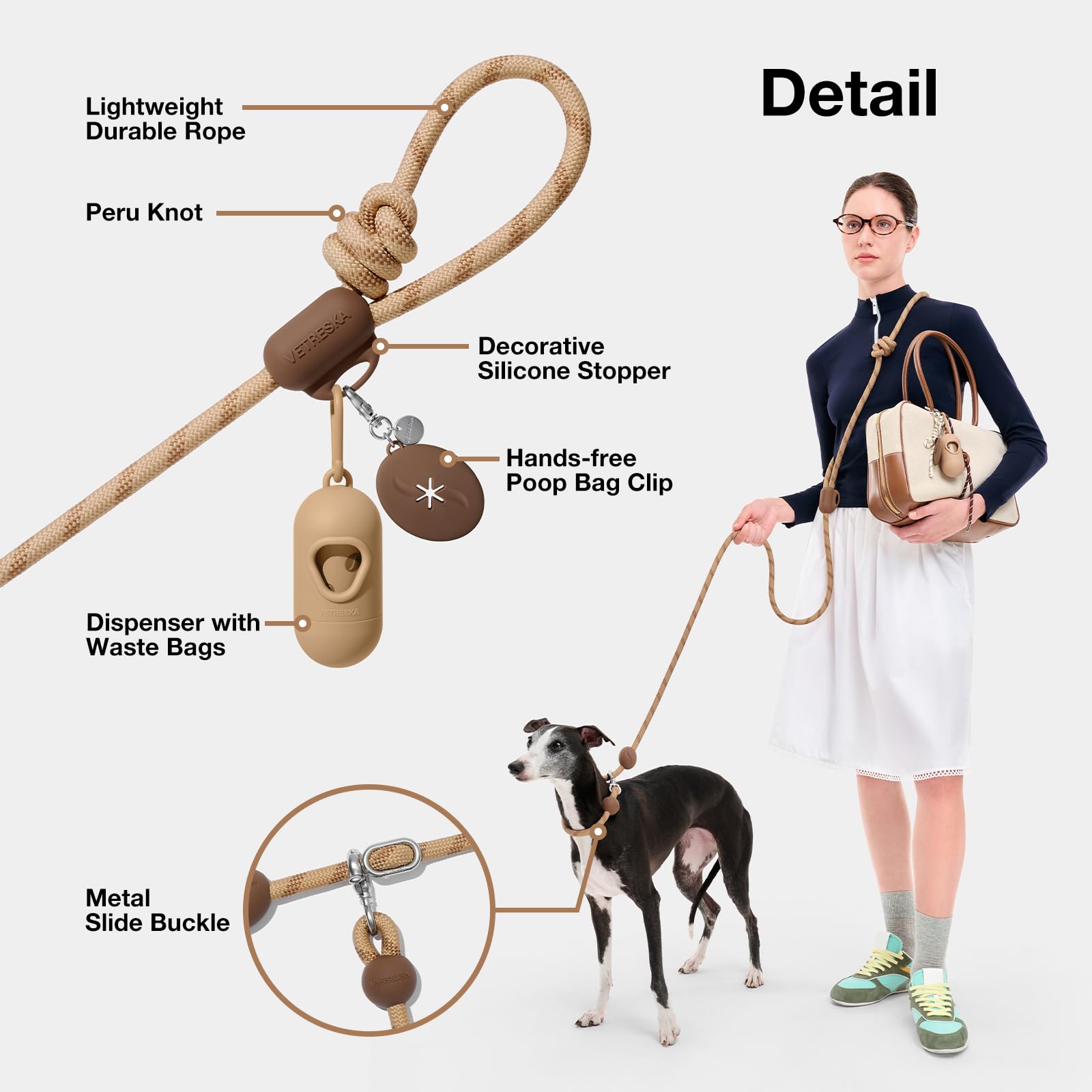 VETRESKA Laisse pour Chien Mains Libres, Laisse réglable 2,4 m pour Chiens Moyens à Grands, Bandoulière Taille (café)