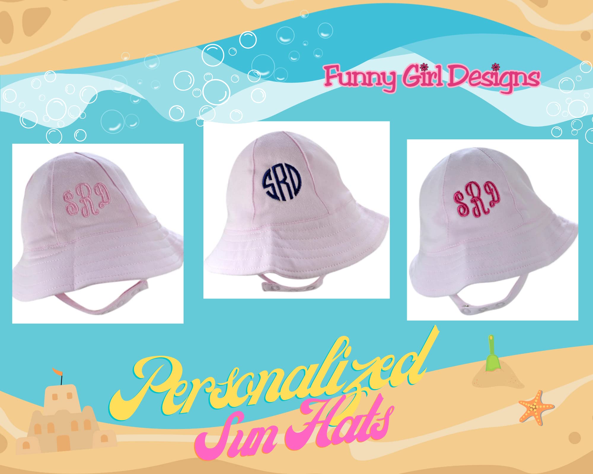 Personalized Monogrammed Pink Baby Girl Sun Hat with Adjustable Chin Strap