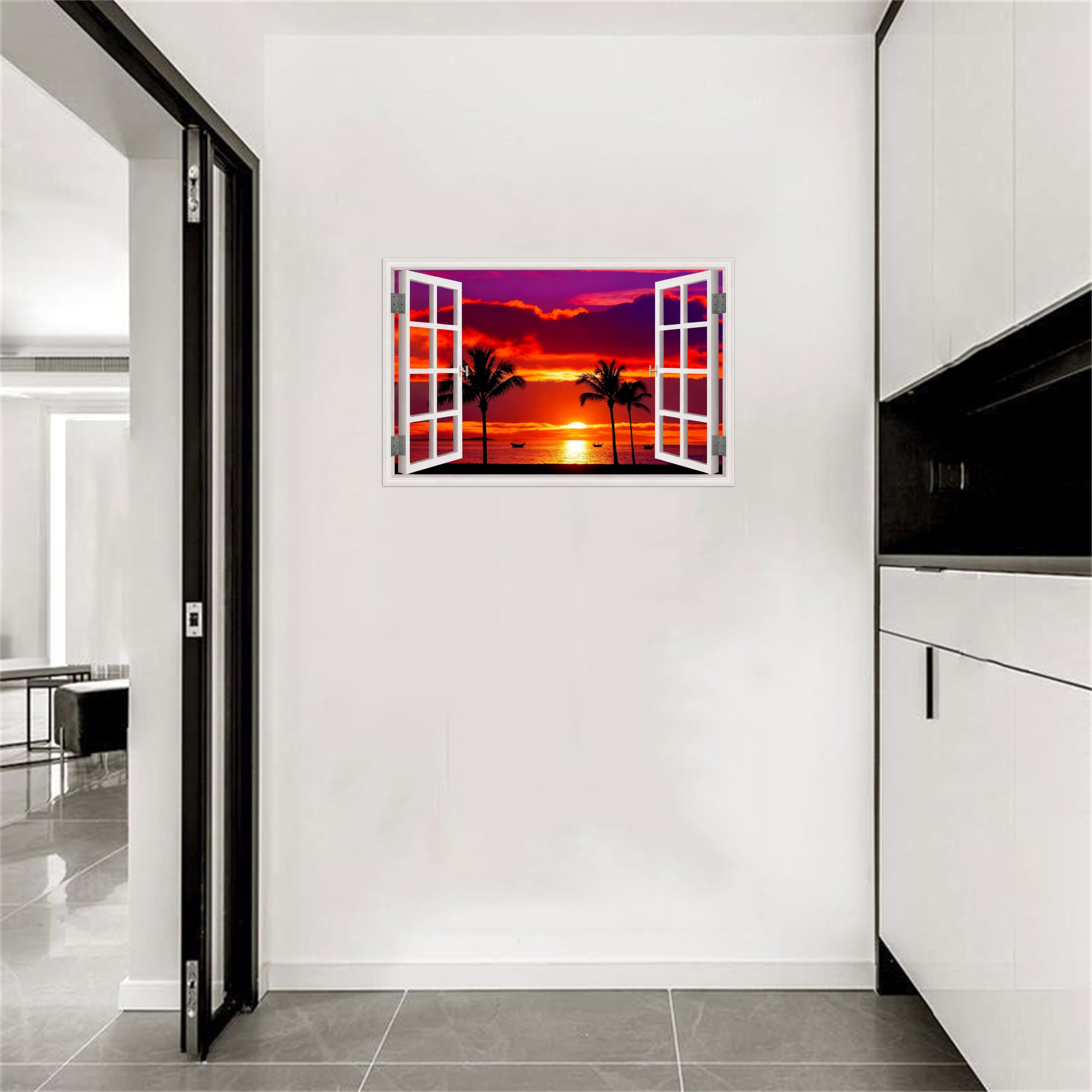 SDYSKKUG Fensterblick Landschaftsbilder. PalmenBaum Meer Sonnenuntergang. Natur Druck auf Leinwand. Leinwandbild für Wohnzimmer Wanddekoration 120x80cm Ungerahmt