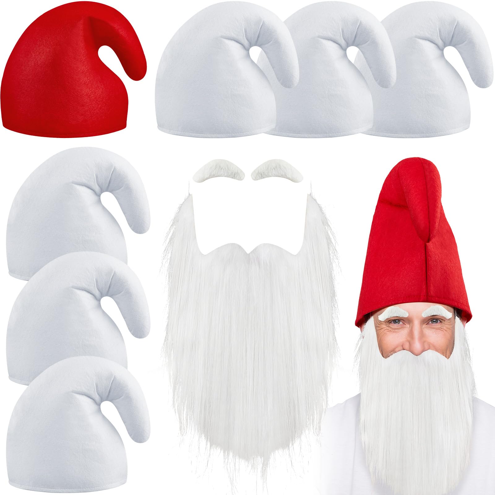 Jadive Dwarf Hats with Beard and Eyebrows Pointed Gnomi Hats Accessories for Group Costumes for Carnival Halloween Christmas