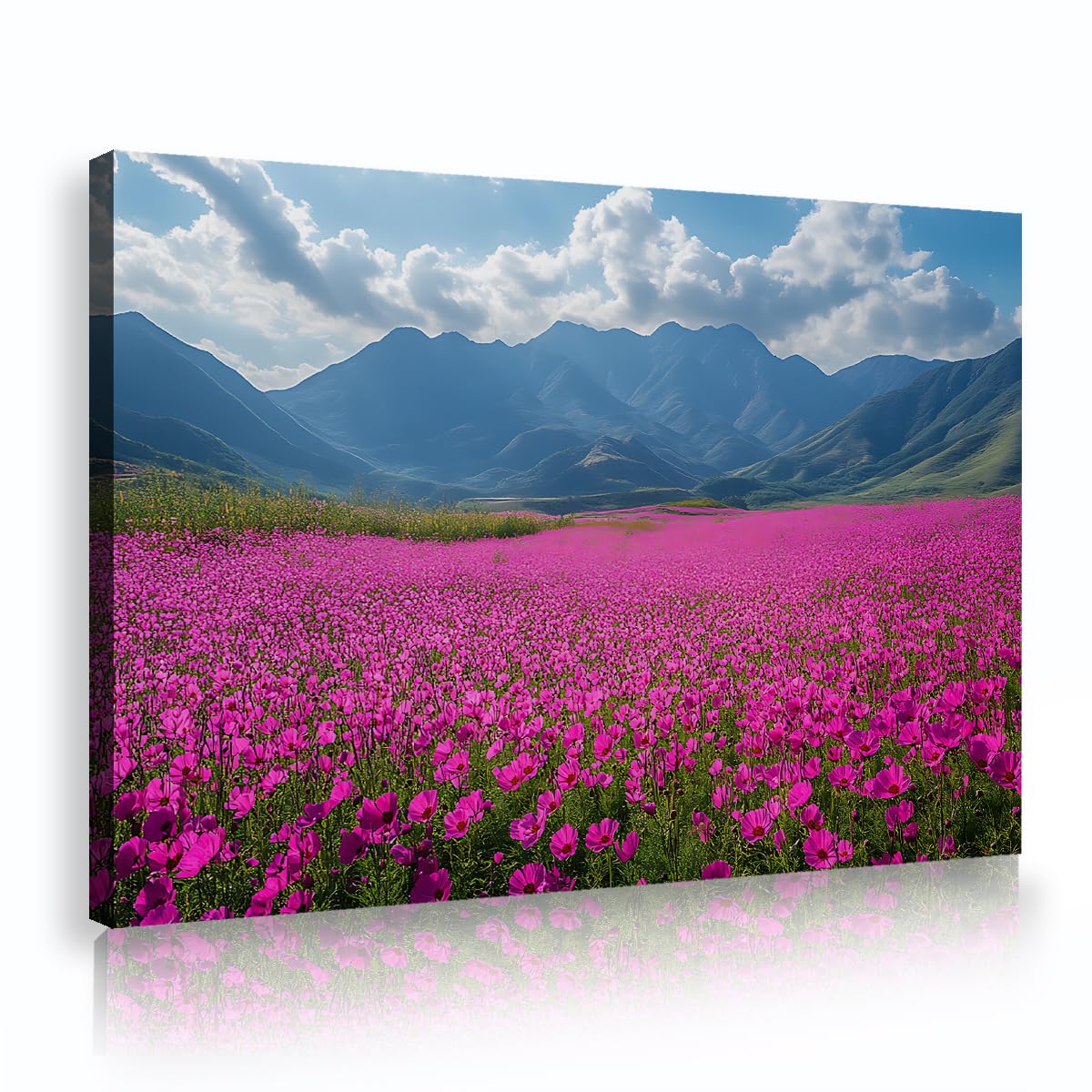 TOANGWALL Vibrant Cosmos Flower Framed Canvas Wall Art Mountain Valley Landscape Poster Print Stylish Artwork for Living Room Home Office Decor 75x115cm