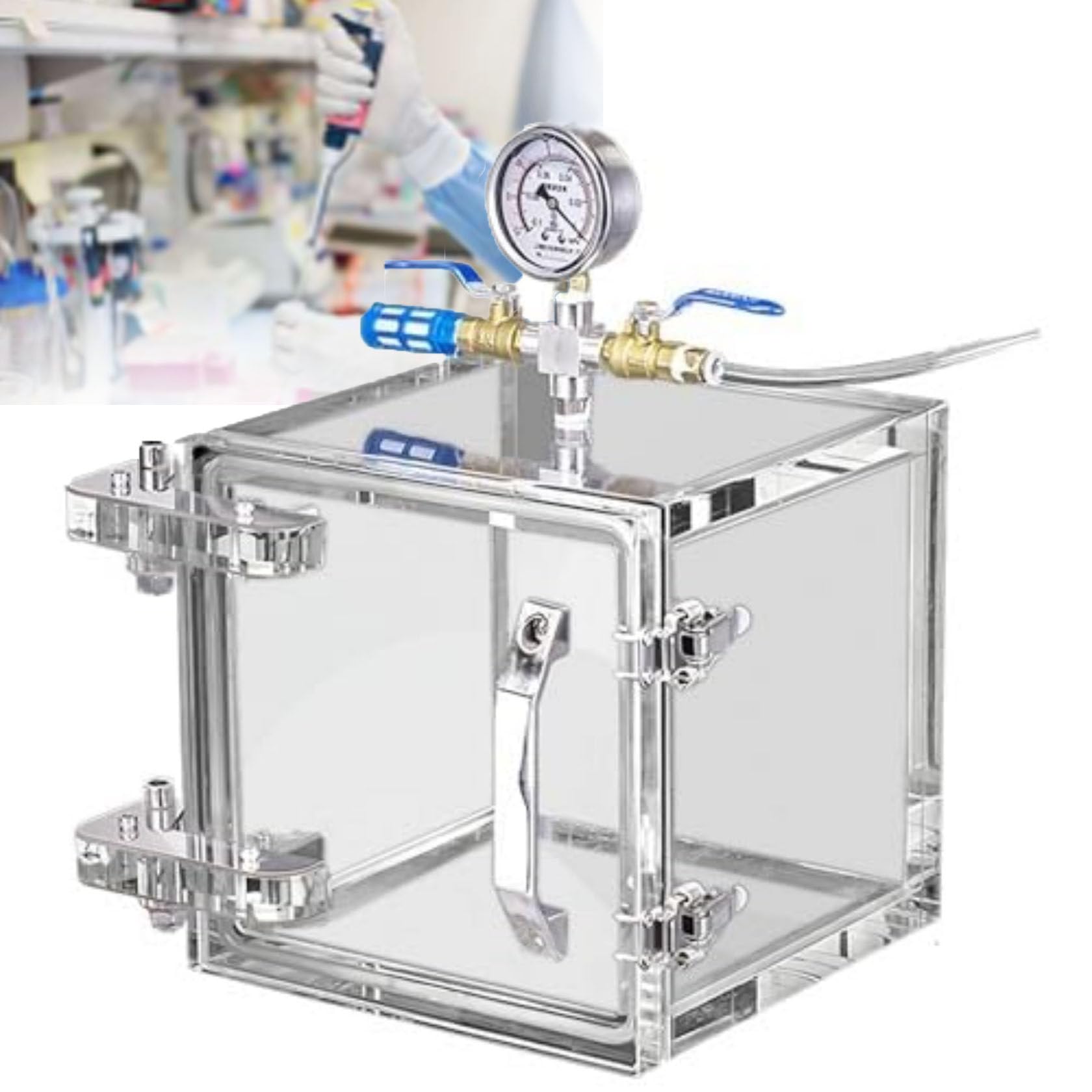 ZHIXUMM Vacuum Degassing Chamber, Clear Degassing Box Kit W/Pressure Gauge, 2-Way Valve, High Transparency Acrylic, Rapid Ventilation, Strong Sealing,For Item Storage & Medical Research Applications