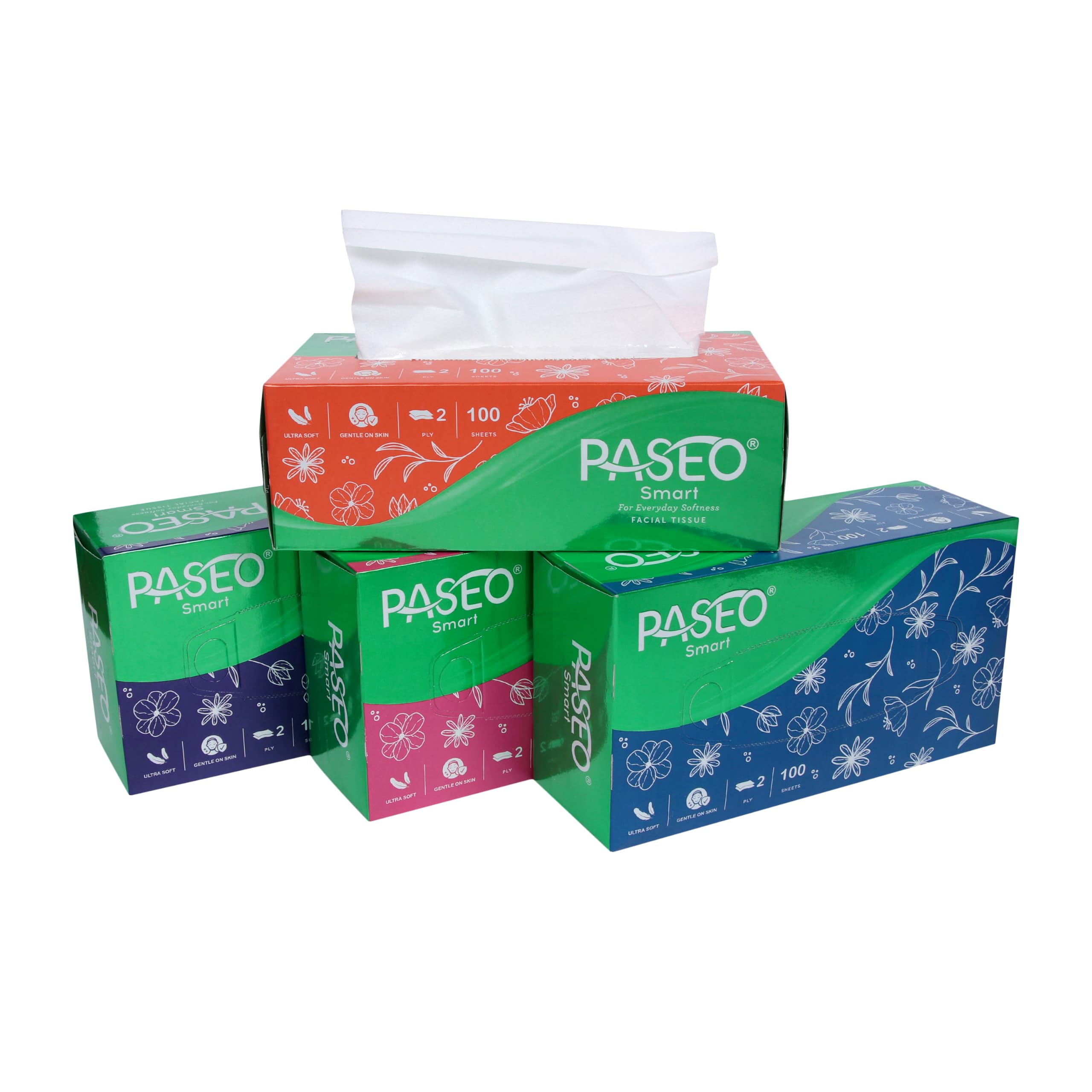 PASEO Smart 2 Ply Facial Tissue Box | Pack of 4, 100 Pulls, 800 Sheets | Ultra Soft And Highly Absorbent | 100% Virgin & OBA Free | Car Tissue, Home, Bathroom & Office Use-image-9