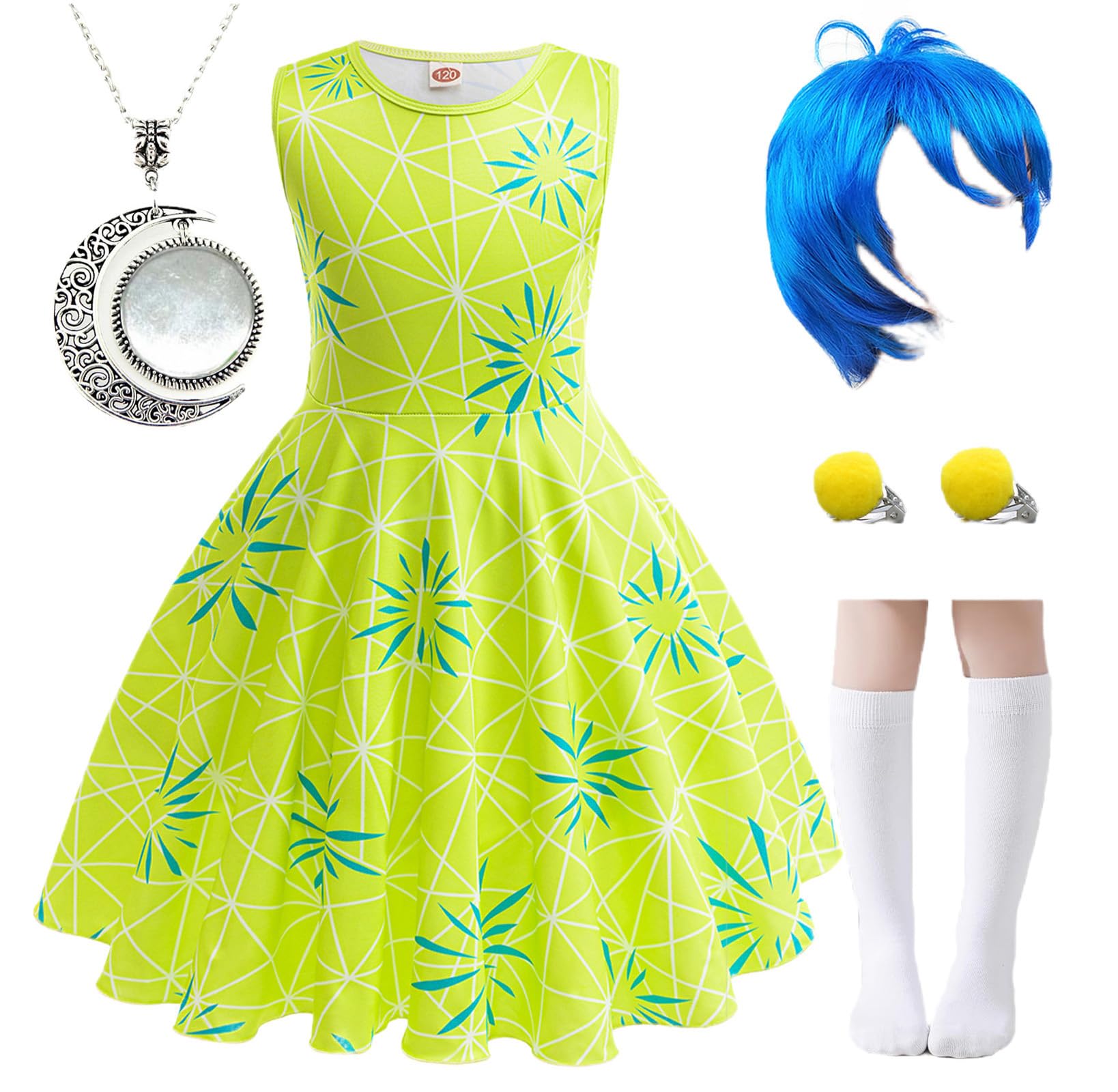 Magwei Girls Disgust Costume Joy Princess Dress Costume Kids Cosplay Dress up Halloween Birthday Christmas Outfits with Wig